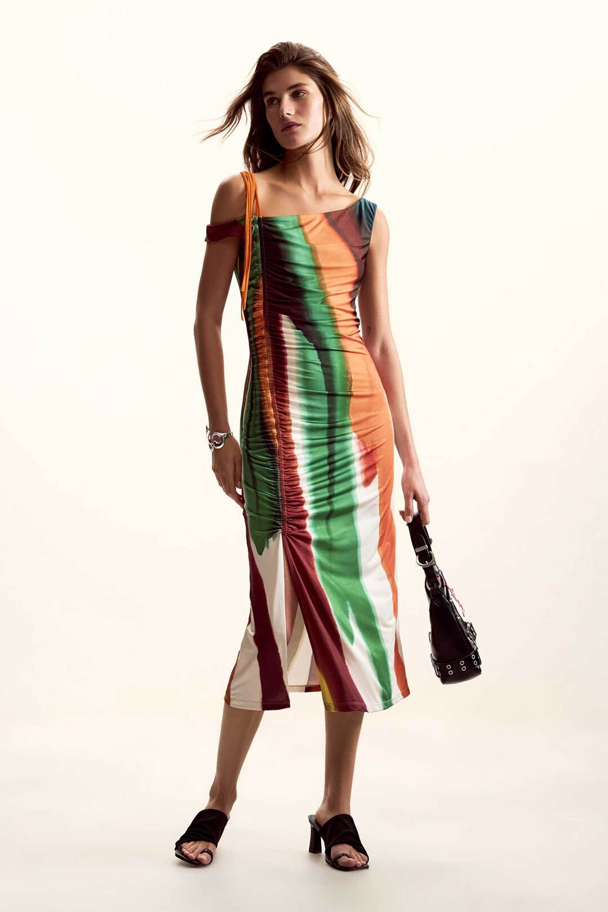 Desigual γυναικείο midi φόρεμα με ριγέ σχέδιο και off-shoulder σχέδιο Slim Fit "Paint" by Christian Lacroix