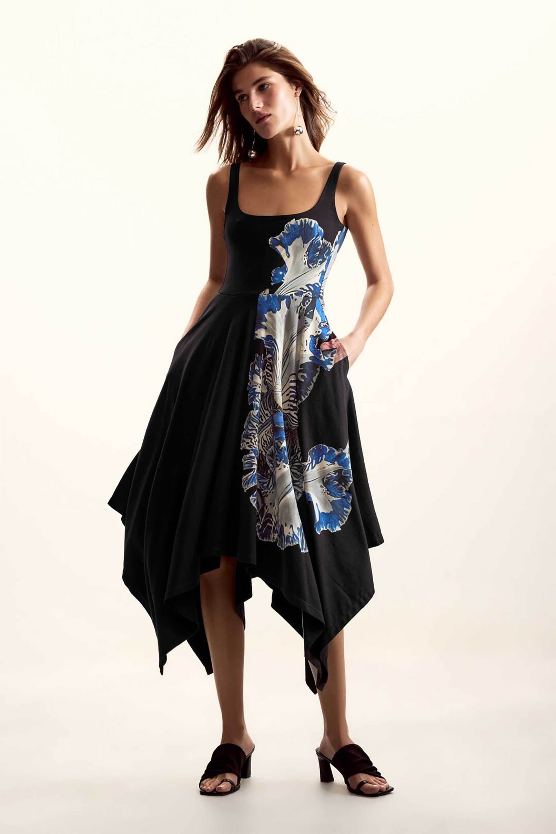 Desigual γυναικείο midi αμάνικο φόρεμα με floral print και ασύμμετρο τελείωμα "Orchid" by Christian Lacroix