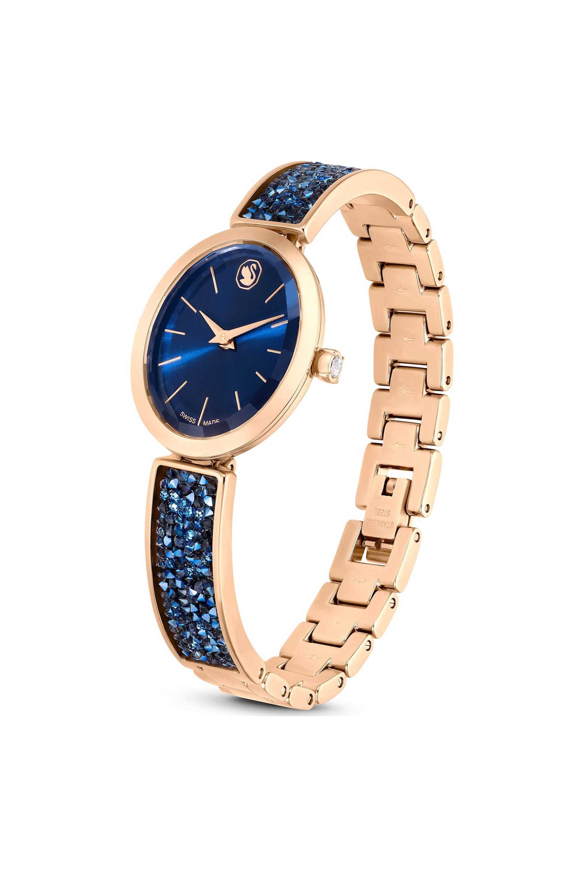 Swarovski γυναικείο ρολόι oval swiss made, κρυστάλλινο μπρασελέ, μπλε, φινίρισμα σε χρυσό σαμπανί τόνο "Crystal Rock"