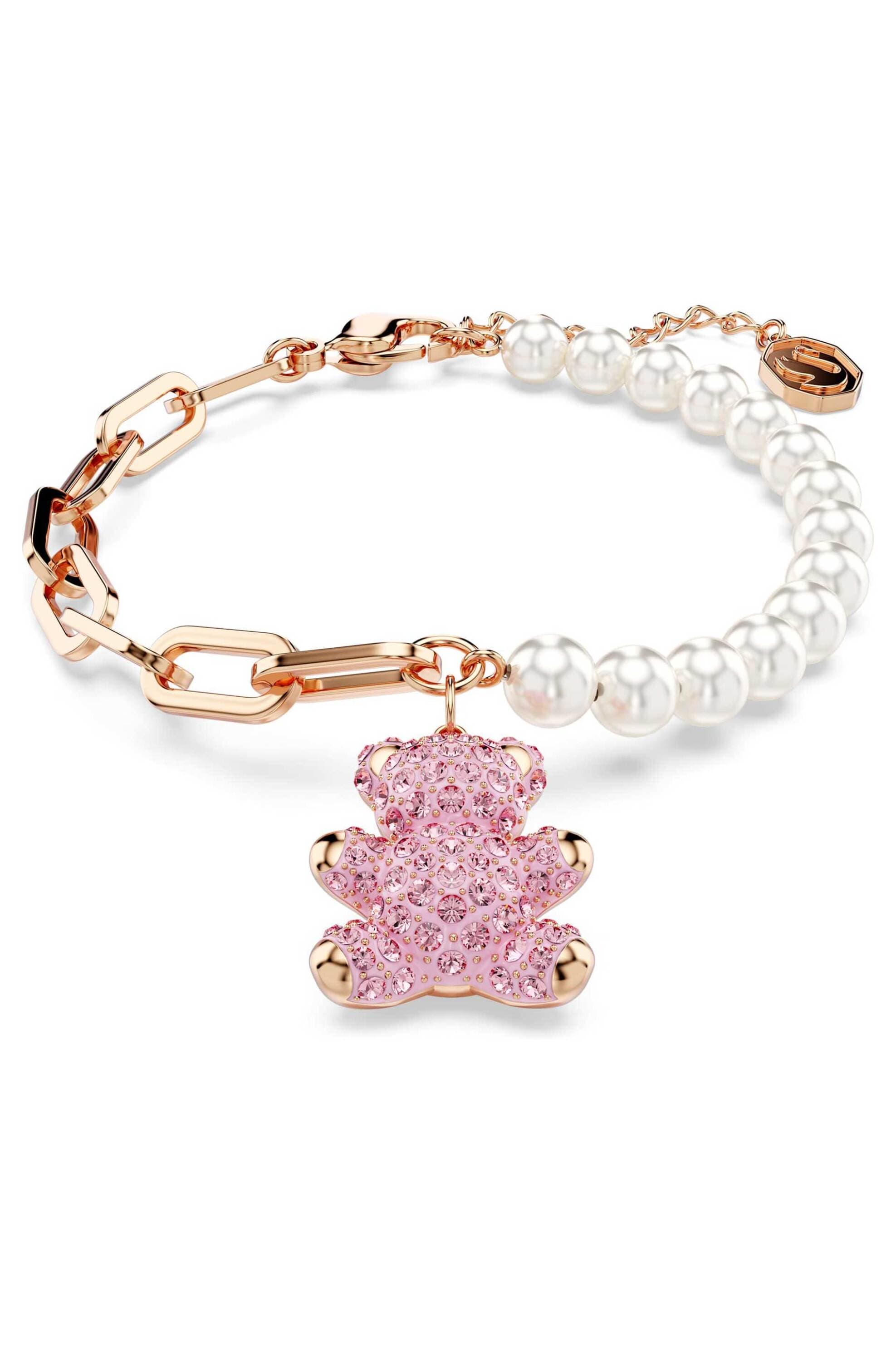 Swarovski γυναικείο βραχιόλι crystal pearl, αρκούδα, ροζ, επιμετάλλωση σε ροζ χρυσαφί τόνο "Teddy"