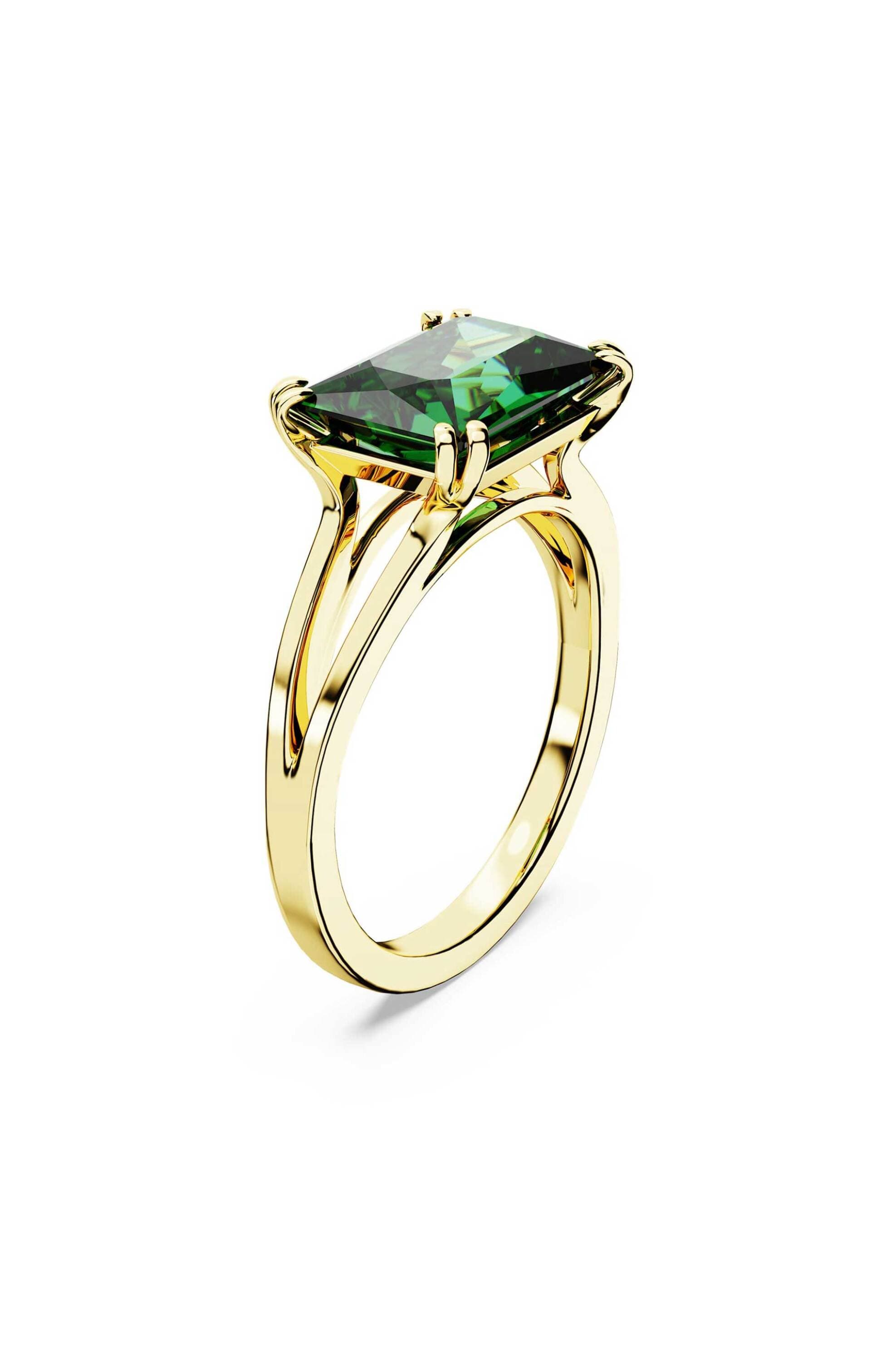 Swarovski γυναικείο δαχτυλίδι κοκτέιλ ορθογώνια κοπή, πράσινο, επιμετάλλωση σε χρυσαφί τόνο "Stilla" (58)