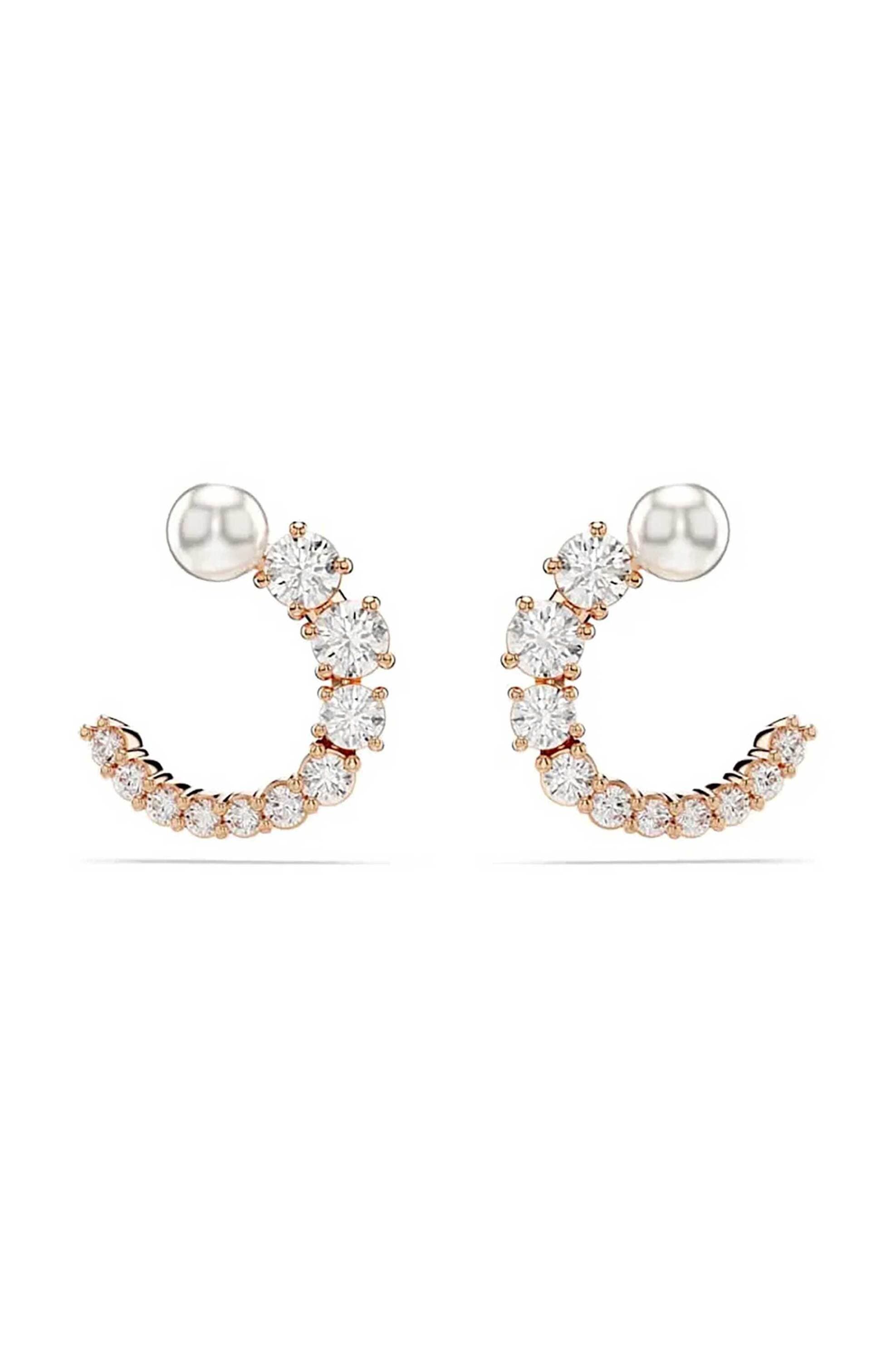 Swarovski γυναικείοι κρίκοι, crystal pearl, στρογγυλή κοπή, λευκά, επιμετάλλωση σε ροζ χρυσαφί τόνο "Matrix"