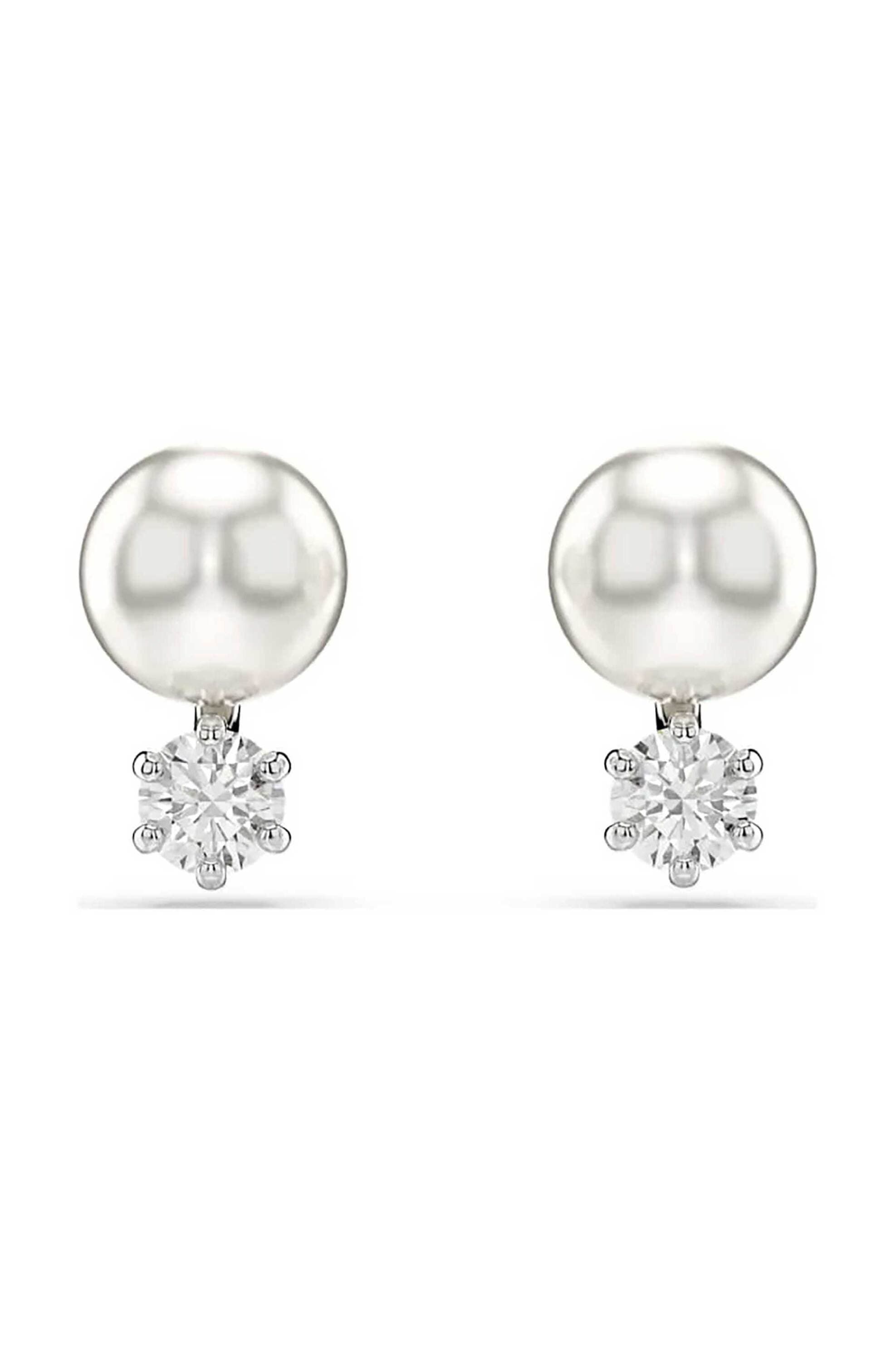 Swarovski γυναικεία σκουλαρίκια με καραφάκι crystal pearl, στρογγυλή κοπή, λευκά, επιμετάλλωση ροδίου "Matrix"