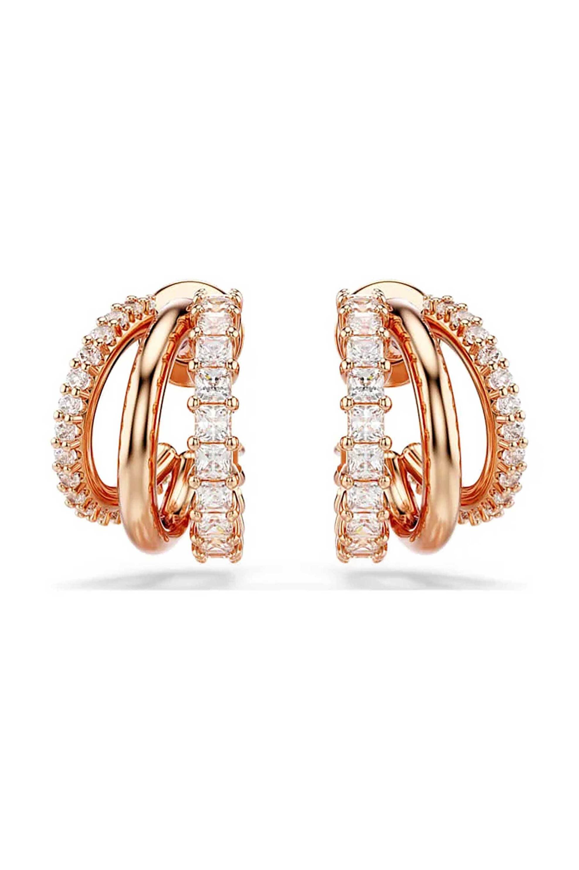 Swarovski γυναικείοι κρίκοι, μείξη κοπών, μίνι, λευκά, επιμετάλλωση σε ροζ χρυσαφί τόνο "Hyperbola"