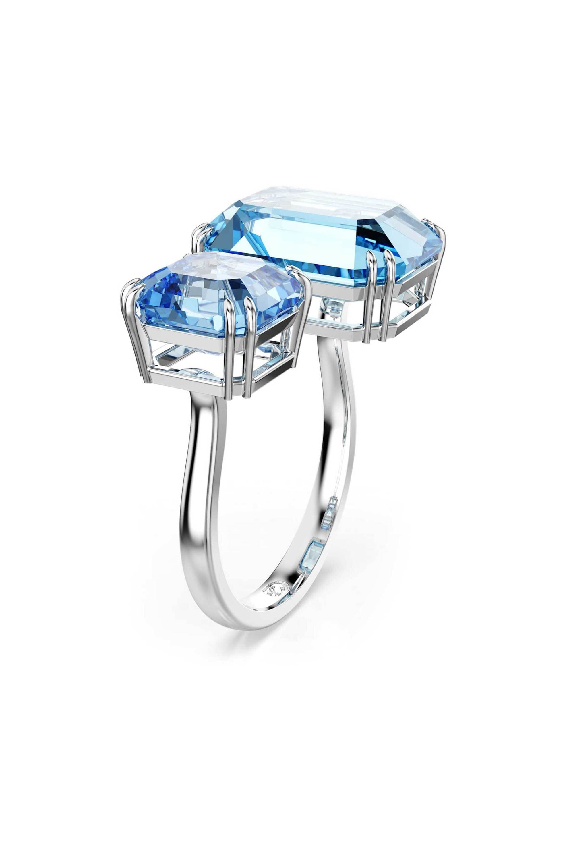 Swarovski γυναικείο ανοιχτό δαχτυλίδι οκταγωνική κοπή, μπλε, επιμετάλλωση ροδίου "Millenia" (55)