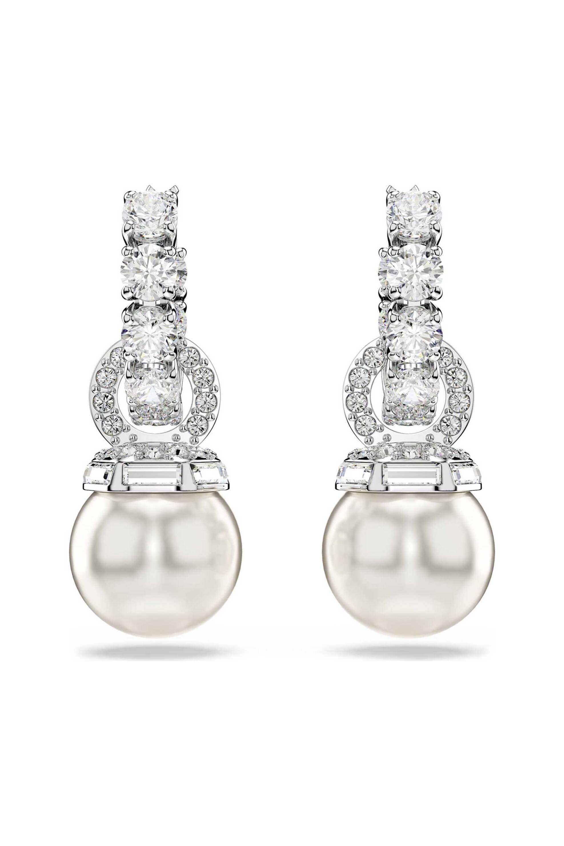 Swarovski γυναικεία σκουλαρίκια-σταγόνα crystal pearl, στρογγυλή κοπή, λευκά, επιμετάλλωση ροδίου "Matrix"