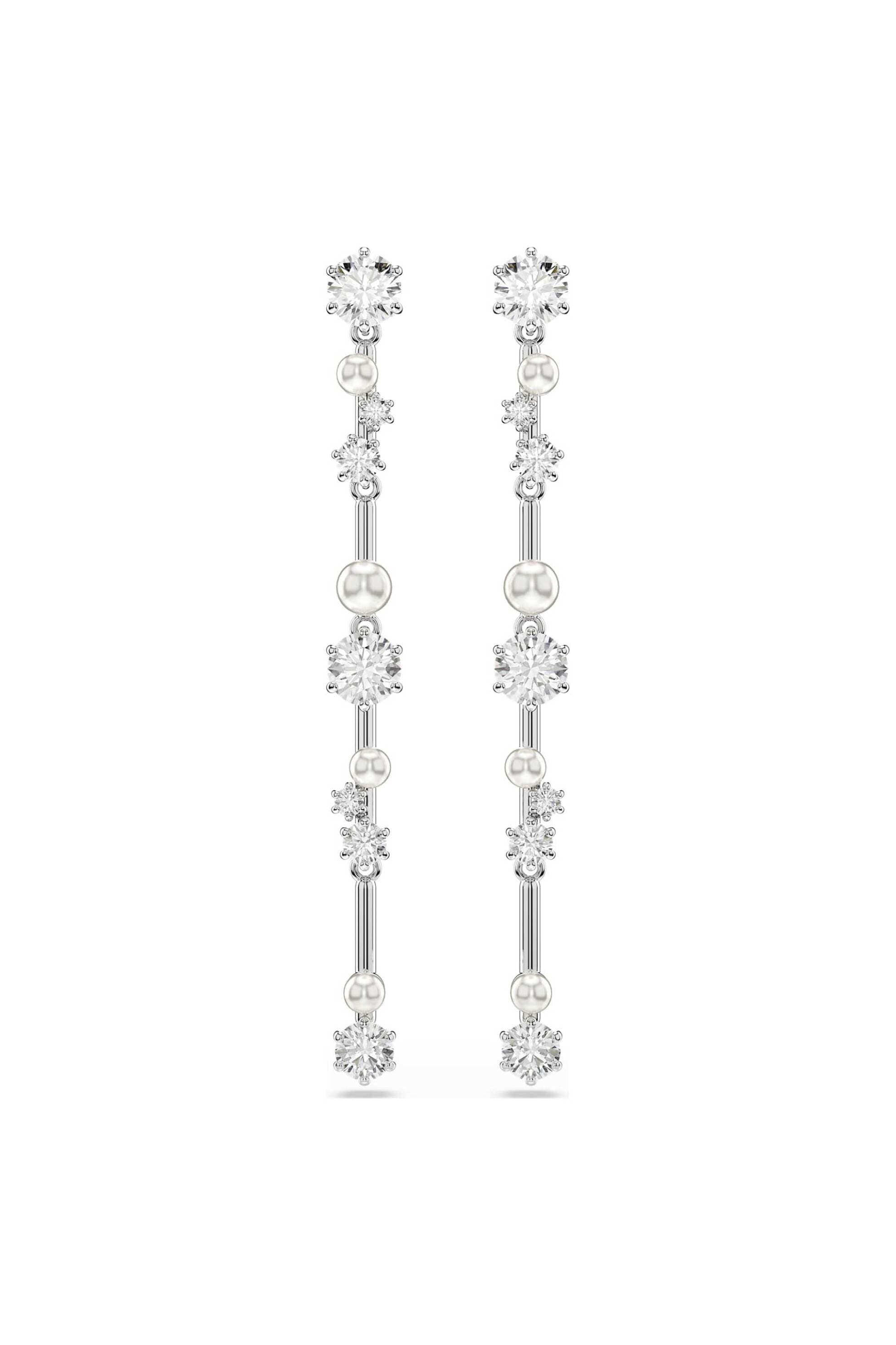Swarovski γυναικεία σκουλαρίκια-σταγόνα crystal pearl, στρογγυλές κοπές, λευκά, επιμετάλλωση ροδίου "Constella"