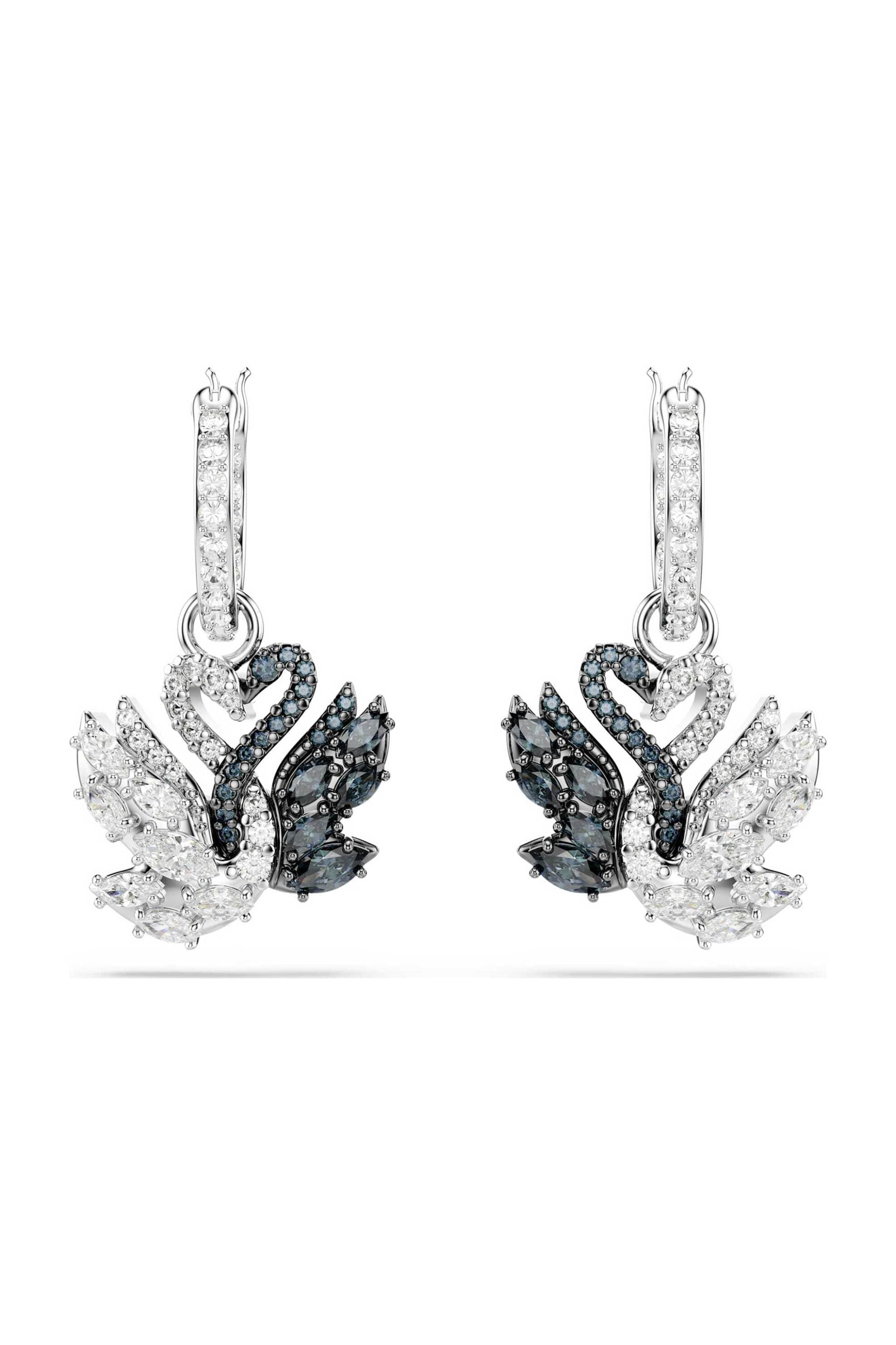 Swarovski γυναικεία σκουλαρίκια-σταγόνα κύκνος, μαύρα, φινίρισμα από διάφορα μέταλλα "Swan"
