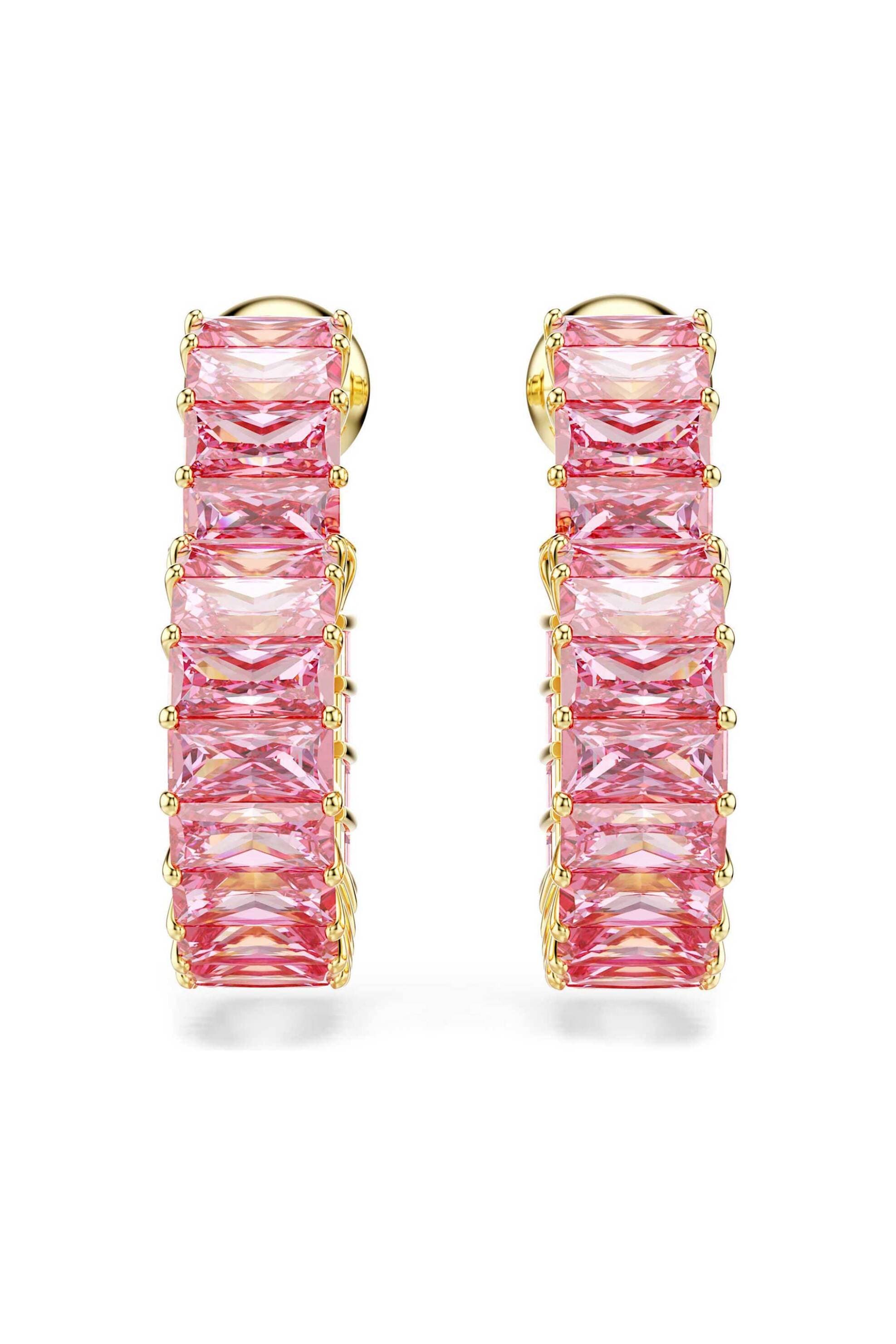 Swarovski γυναικείοι κρίκοι κοπή baguette, καρδιά, μικρά, ροζ, επιμετάλλωση σε χρυσαφί τόνο "Matrix"