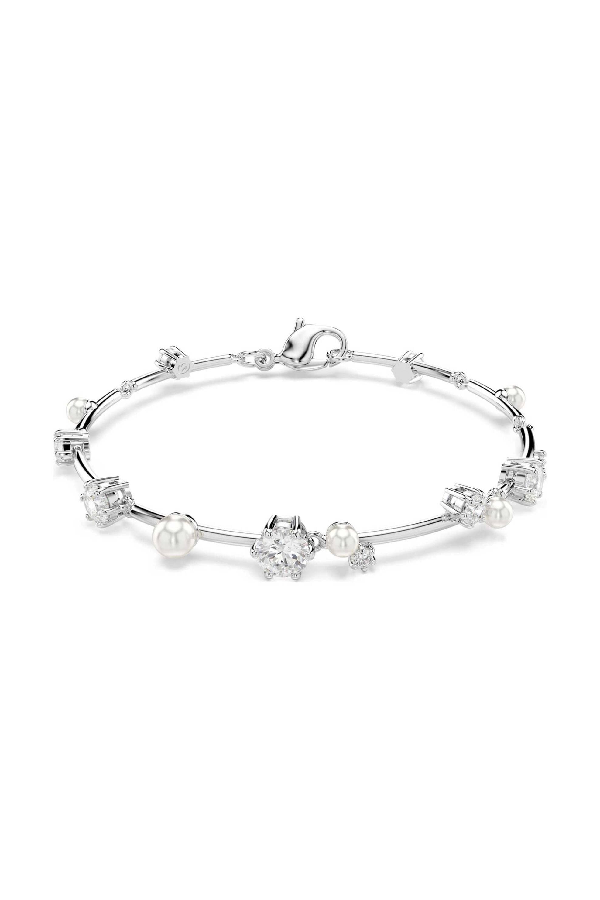 Swarovski γυναικείο βραχιόλι crystal pearl, στρογγυλές κοπές, λευκό, επιμετάλλωση ροδίου "Constella"