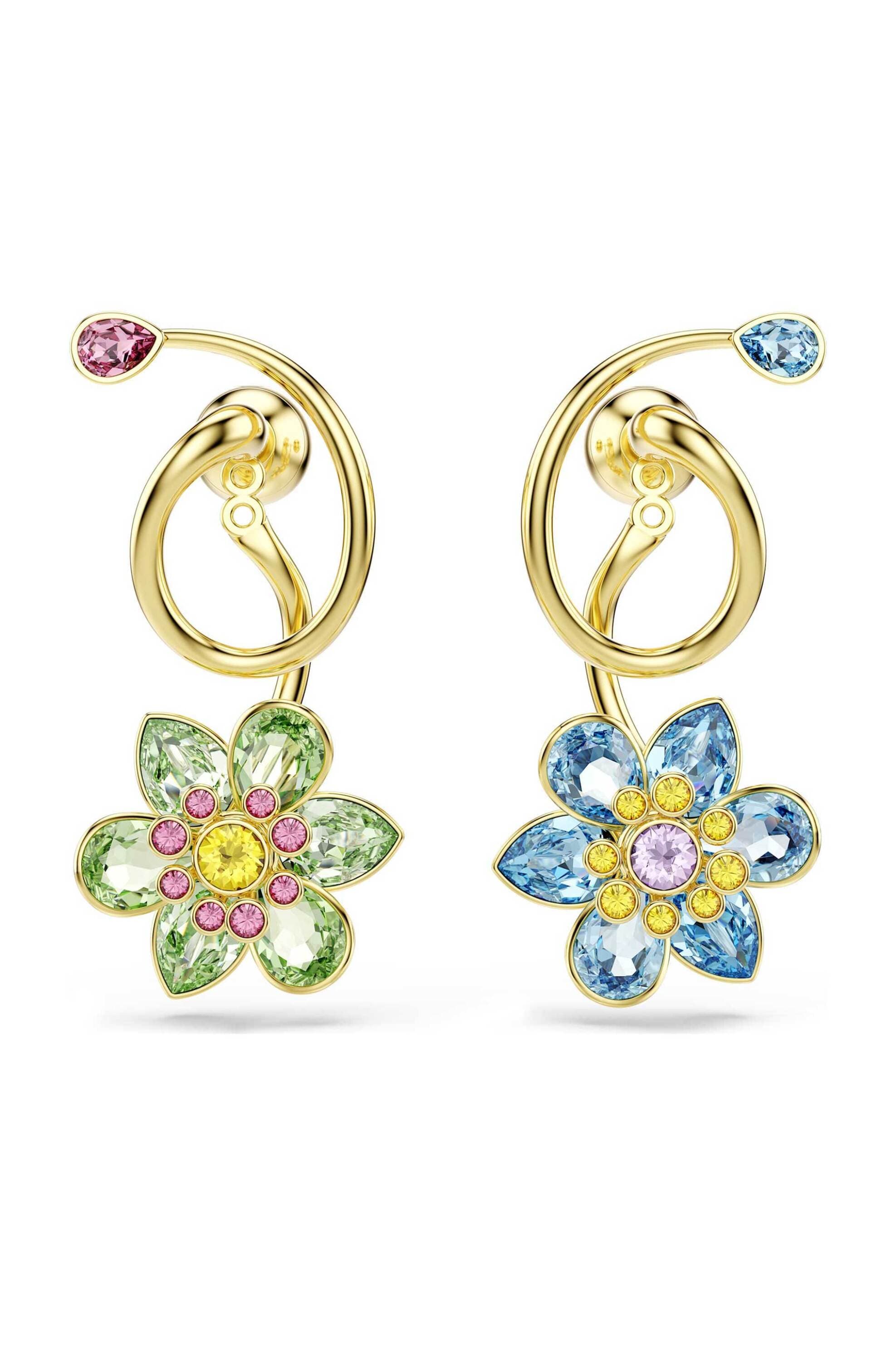 Swarovski γυναικεία σκουλαρίκια-σταγόνα μίξη κοπών, λουλούδι, πολύχρωμα, επιμετάλλωση σε χρυσαφί τόνο "Idyllia"