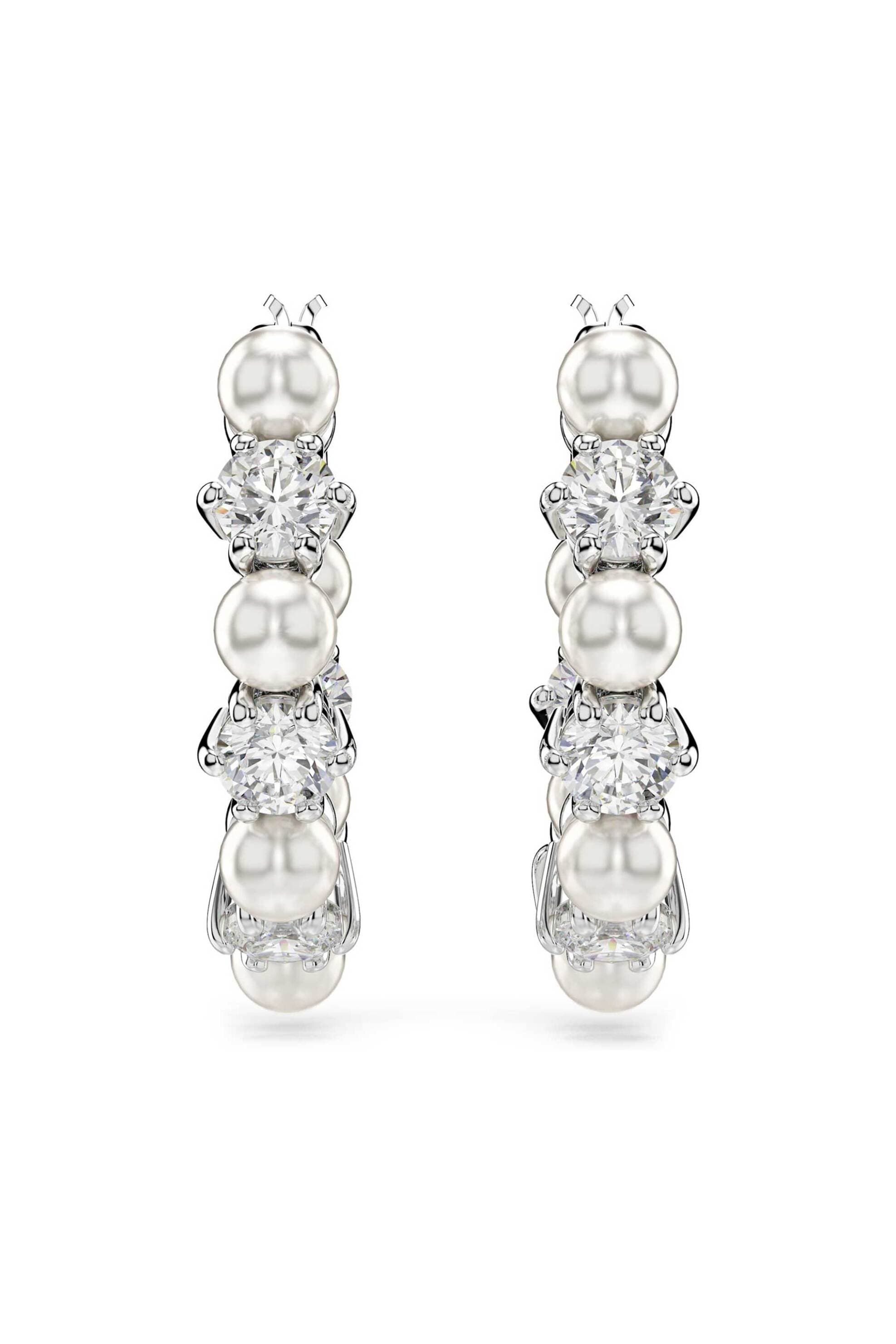 Swarovski γυναικείοι κρίκοι crystal pearl, στρογγυλή κοπή, λευκά, επιμετάλλωση ροδίου "Matrix"