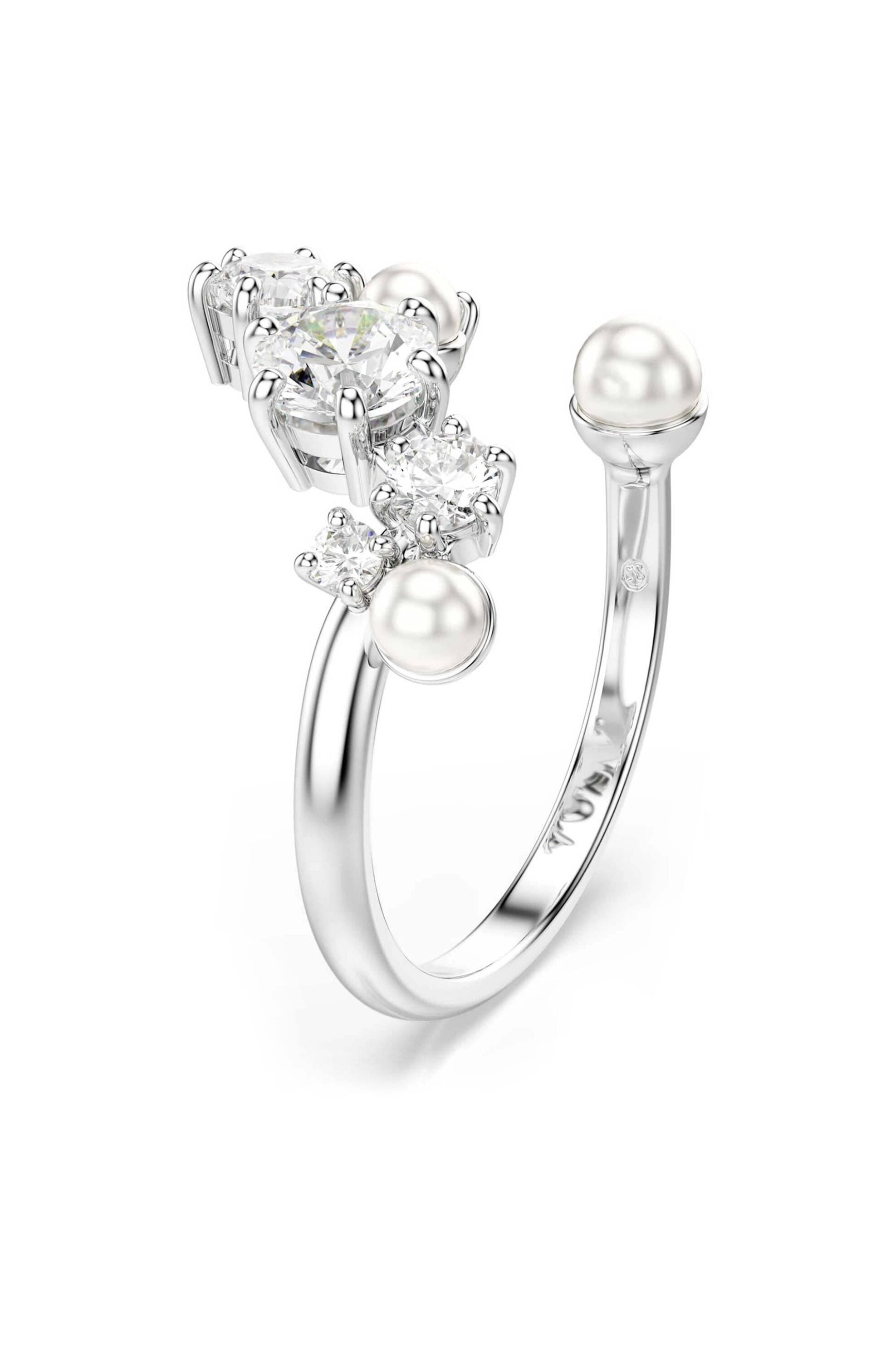 Swarovski γυναικείο ανοιχτό δαχτυλίδι crystal pearl, στρογγυλές κοπές, λευκό, επιμετάλλωση ροδίου "Constella" (58)