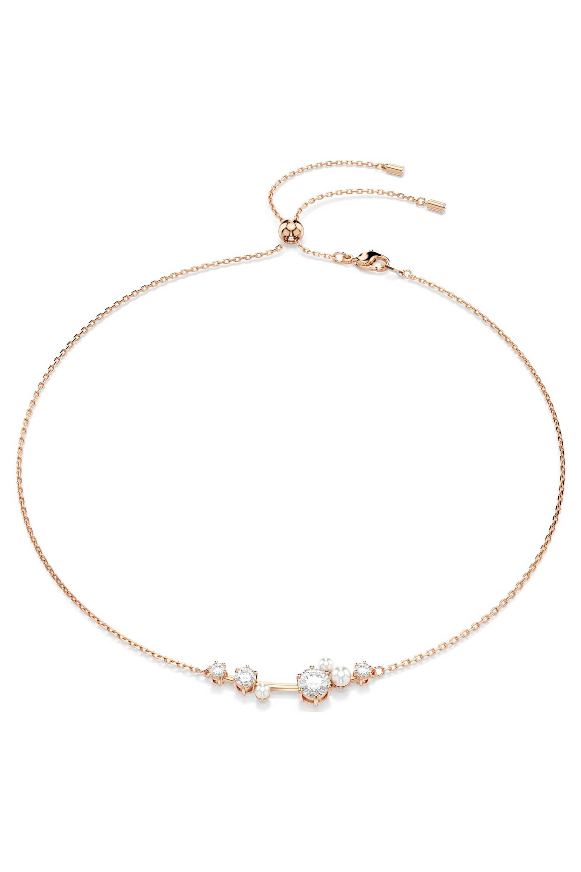 Swarovski γυναικείο κολιέ crystal pearl, στρογγυλές κοπές, λευκό, επιμετάλλωση σε ροζ χρυσαφί τόνο "Constella"