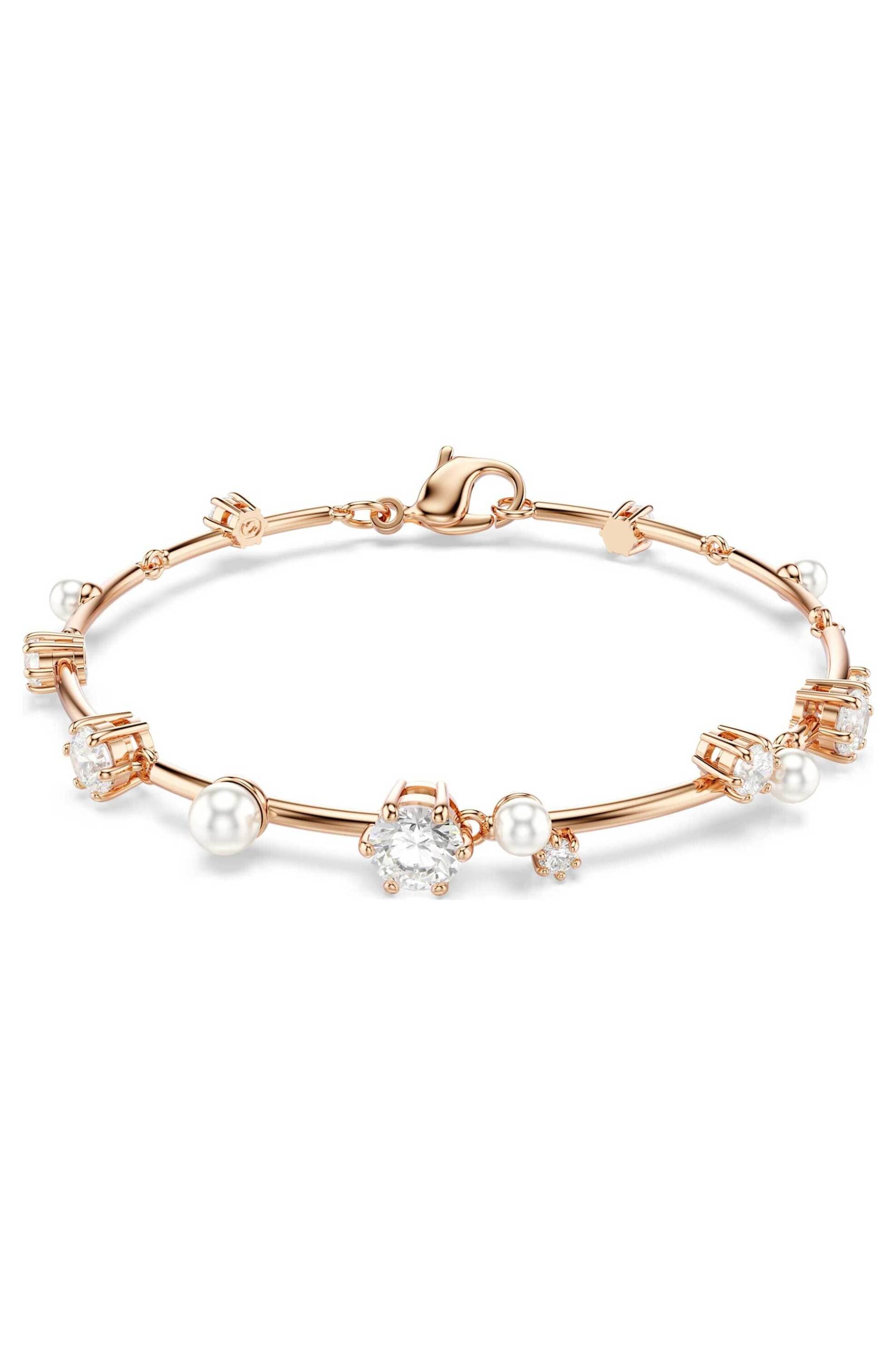 Swarovski γυναικείο βραχιόλι crystal pearl, στρογγυλές κοπές, λευκό, επιμετάλλωση σε ροζ χρυσαφί τόνο "Constella"