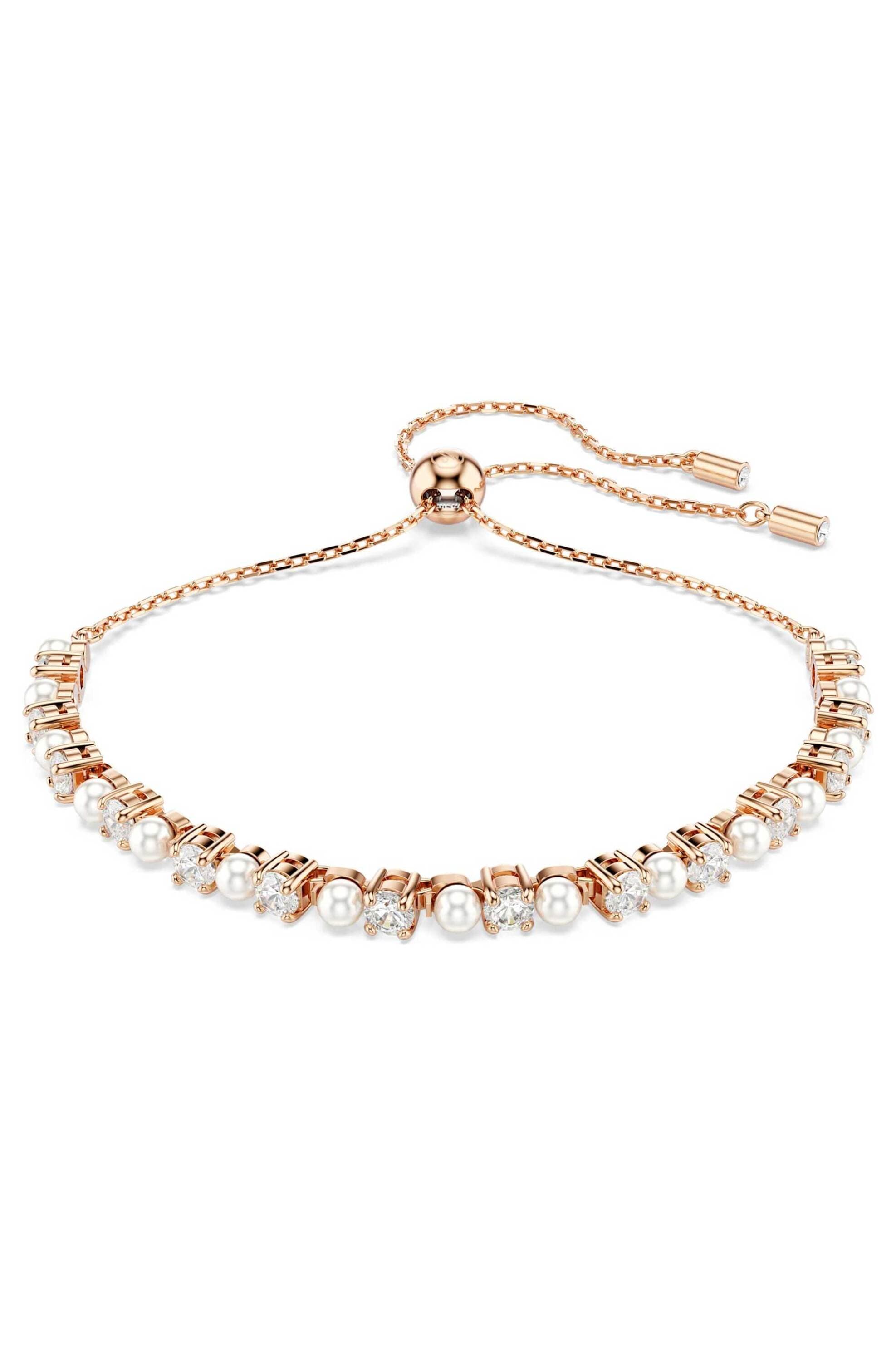Swarovski γυναικείο βραχιόλι crystal pearl, στρογγυλές κοπές, λευκό, επιμετάλλωση σε ροζ χρυσαφί τόνο "Matrix"