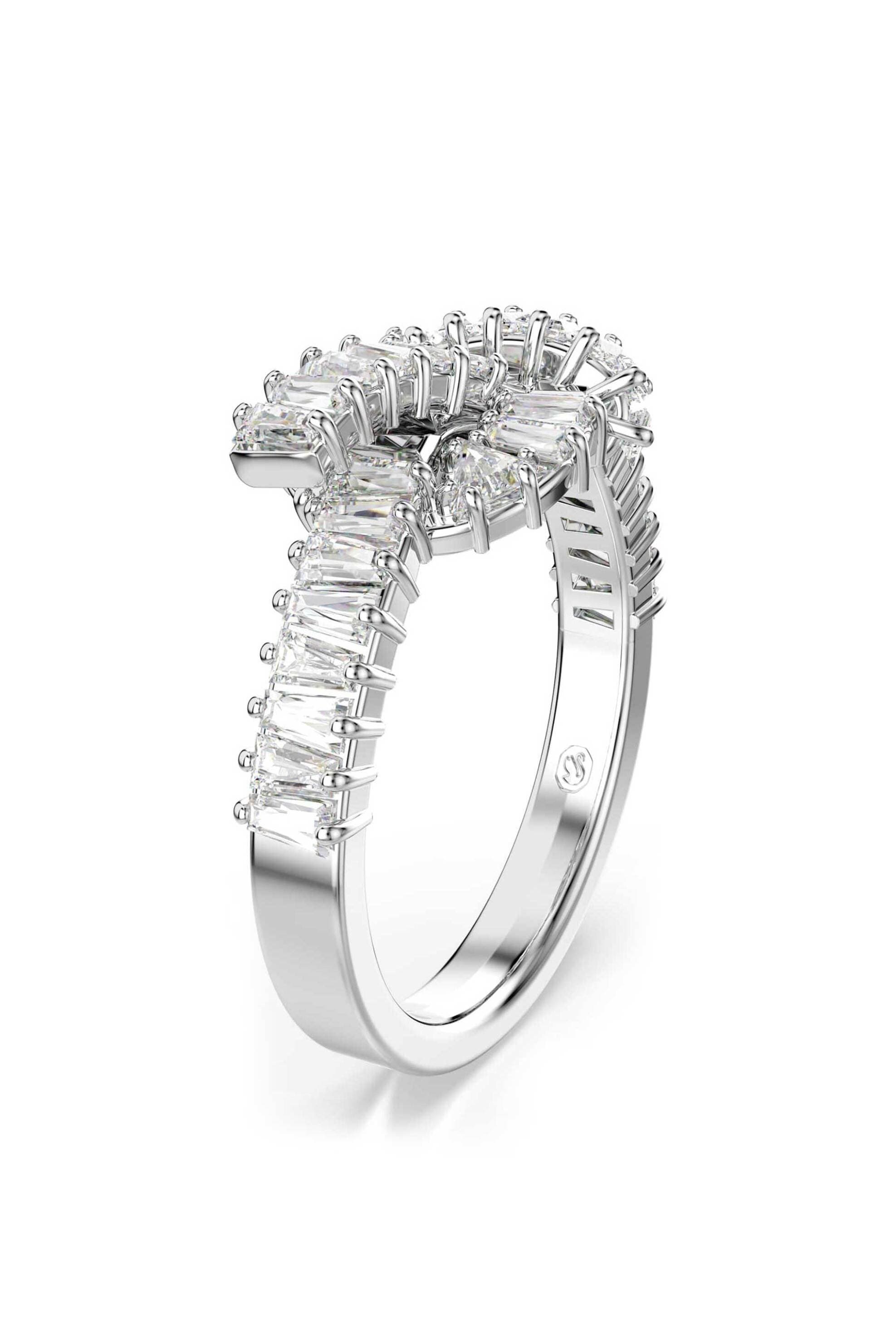 Swarovski γυναικείο δαχτυλίδι κοπή baguette, κόμπος, λευκό, επιμετάλλωση ροδίου "Matrix" (58)