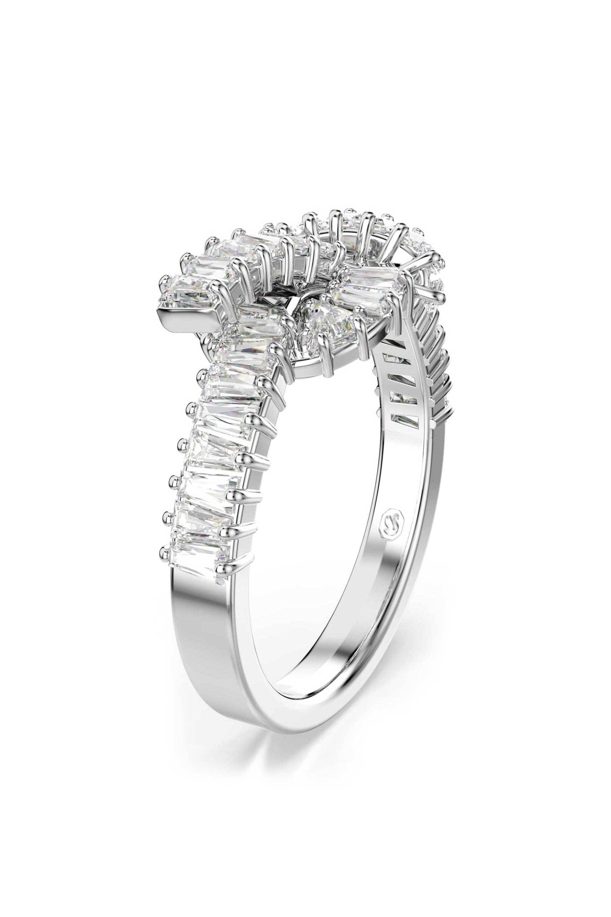 Swarovski γυναικείο δαχτυλίδι κοπή baguette, κόμπος, λευκό, επιμετάλλωση ροδίου "Matrix" (52)