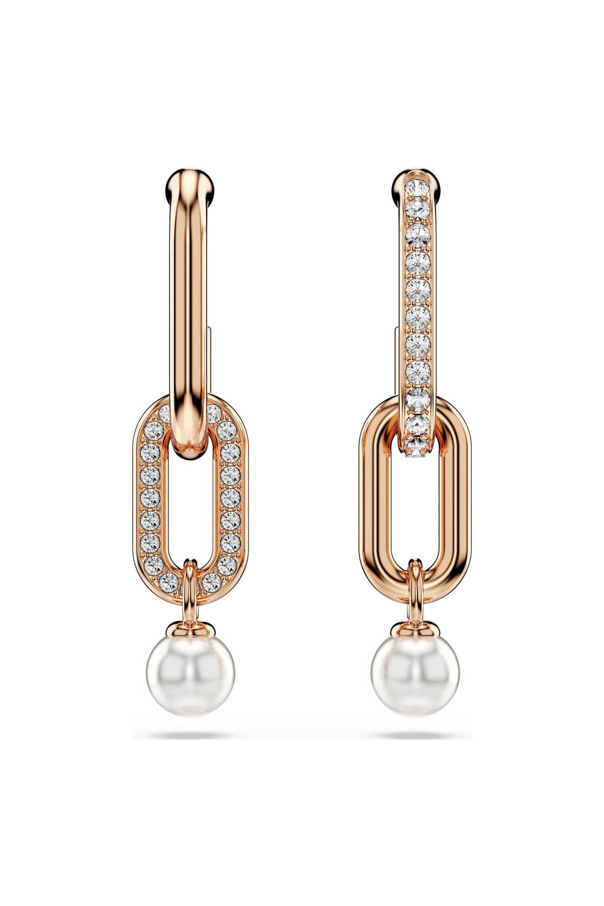 Swarovski γυναικεία σκουλαρίκια-σταγόνα crystal pearl, στρογγυλή κοπή, λευκά, επιμετάλλωση σε ροζ χρυσαφί τόνο "Constella"