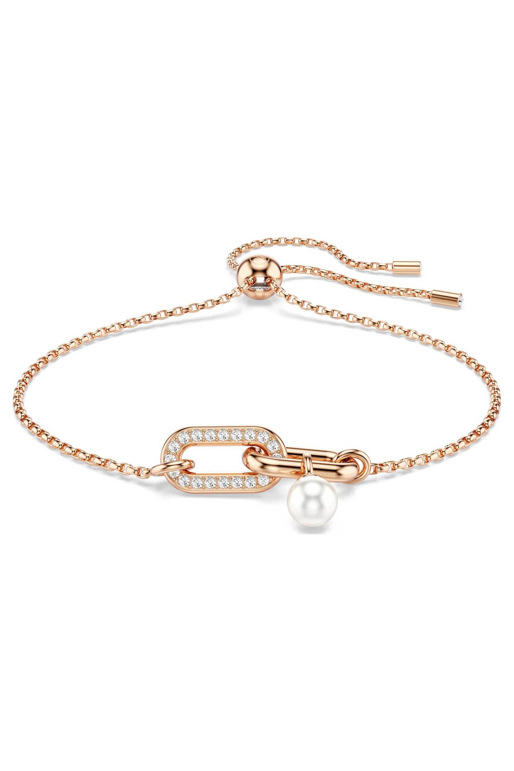 Swarovski γυναικείο βραχιόλι crystal pearl, στρογγυλή κοπή, λευκό, επιμετάλλωση σε ροζ χρυσαφί τόνο "Constella"