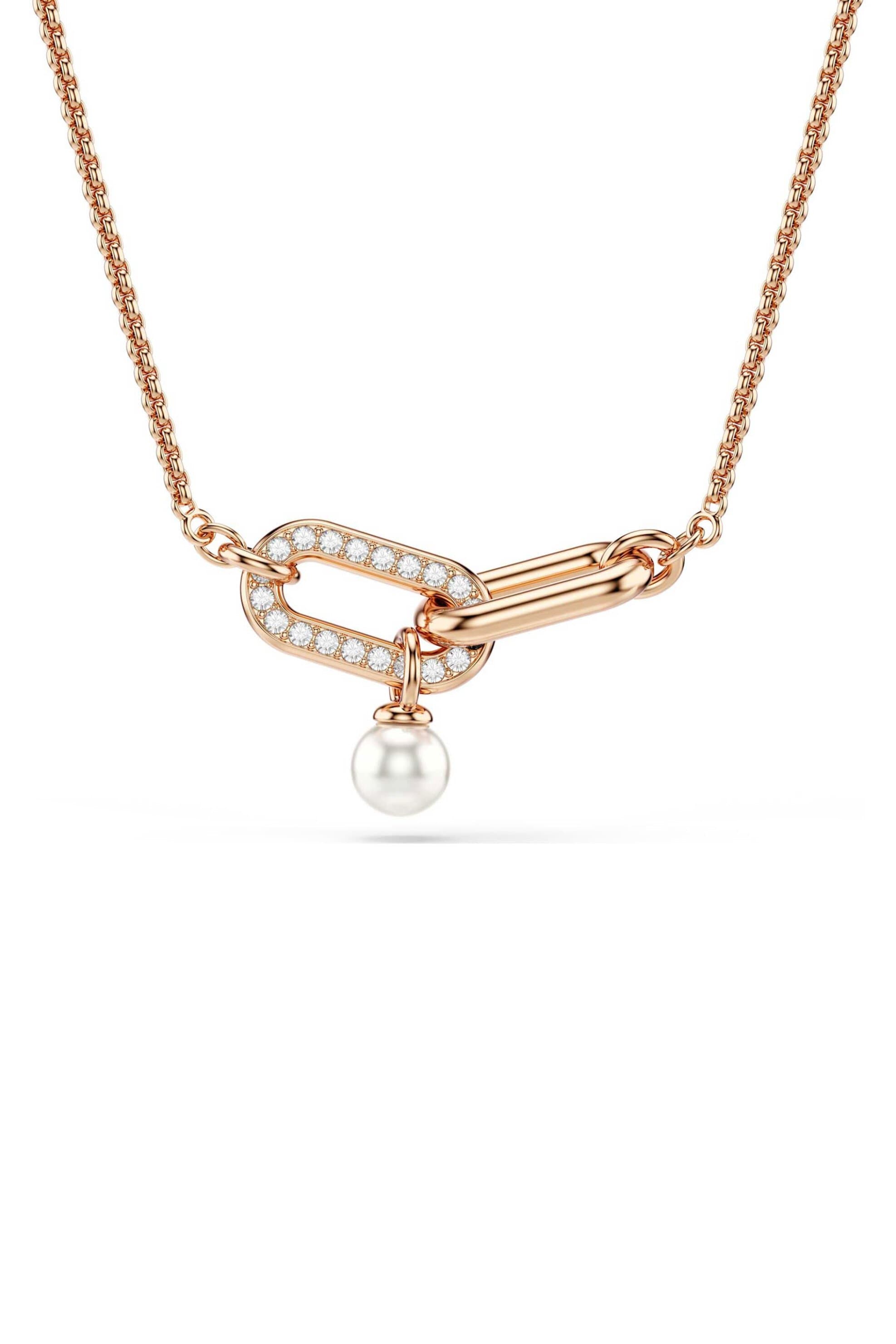 Swarovski γυναικείο μενταγιόν crystal pearl, στρογγυλή κοπή, λευκό, επιμετάλλωση σε ροζ χρυσαφί τόνο "Constella"