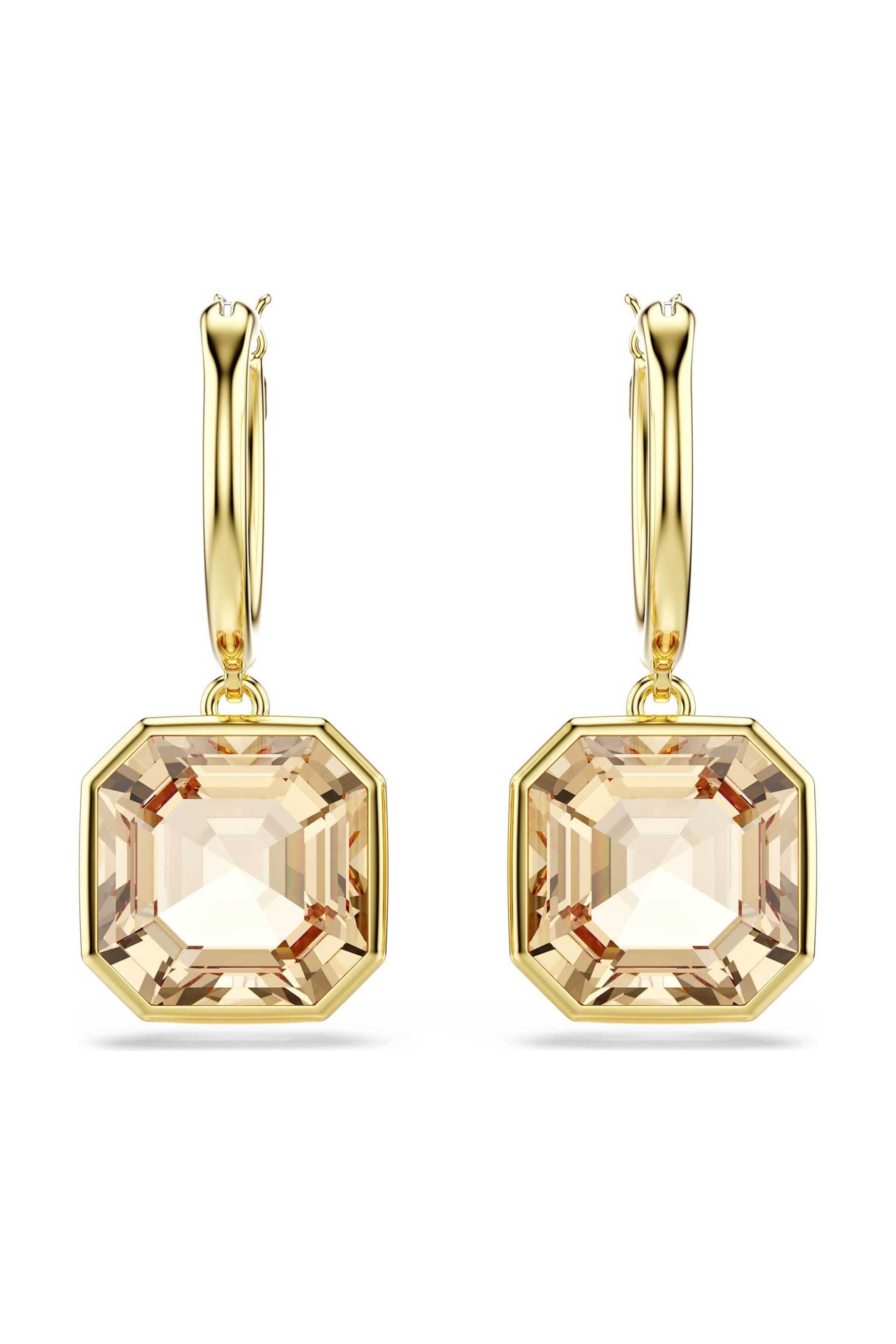 Swarovski γυναικεία σκουλαρίκια-σταγόνα τετράγωνη κοπή, χρώμα της καραμέλας, επιμετάλλωση σε χρυσαφί τόνο "Millenia"