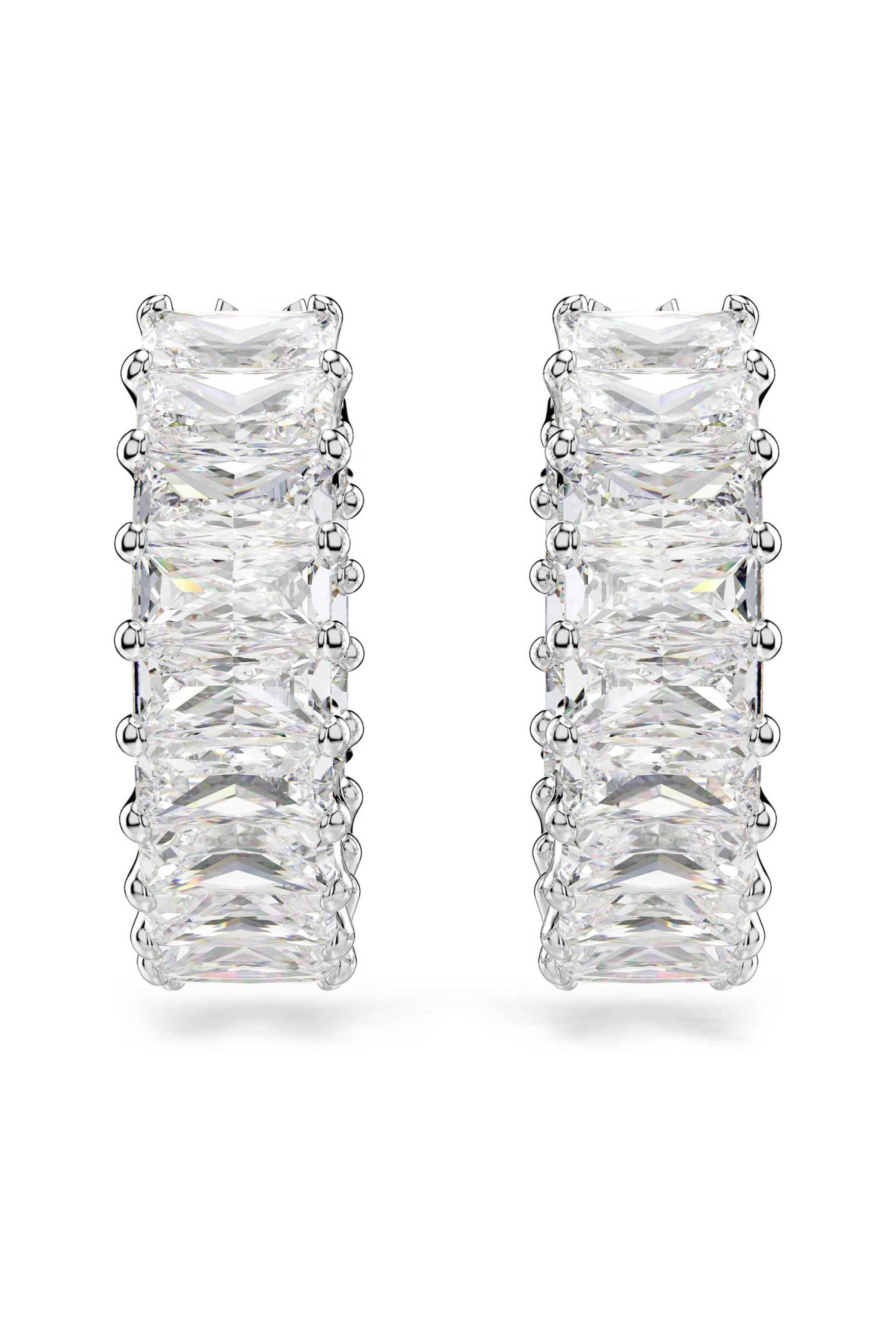 Swarovski γυναικείοι κρίκοι κοπή baguette, λευκά, επιμετάλλωση ροδίου "Matrix"