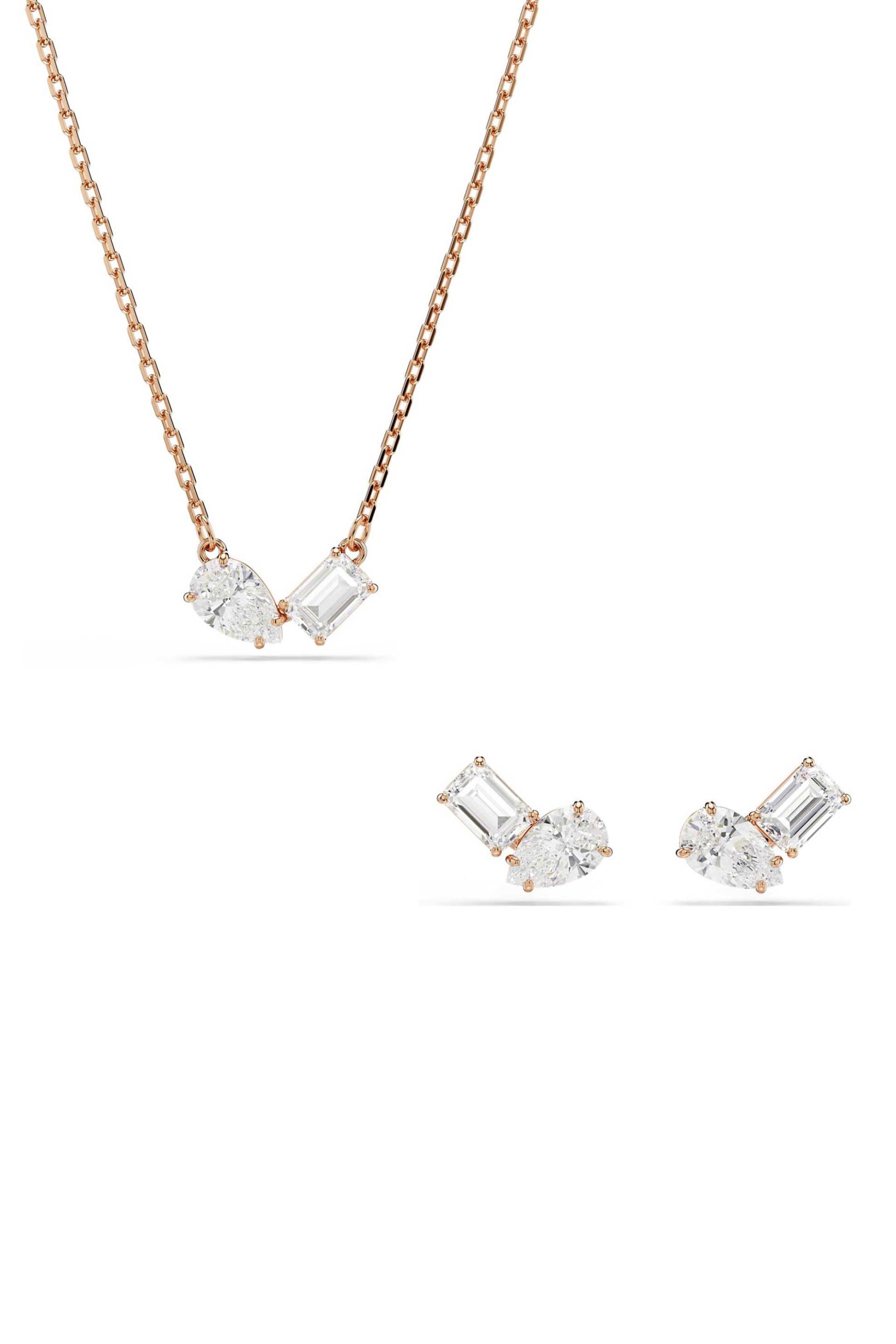 Swarovski γυναικείο σετ κοπή pear, οκταγωνική κοπή, λευκό, επιμετάλλωση σε ροζ χρυσαφί τόνο "Mesmera"