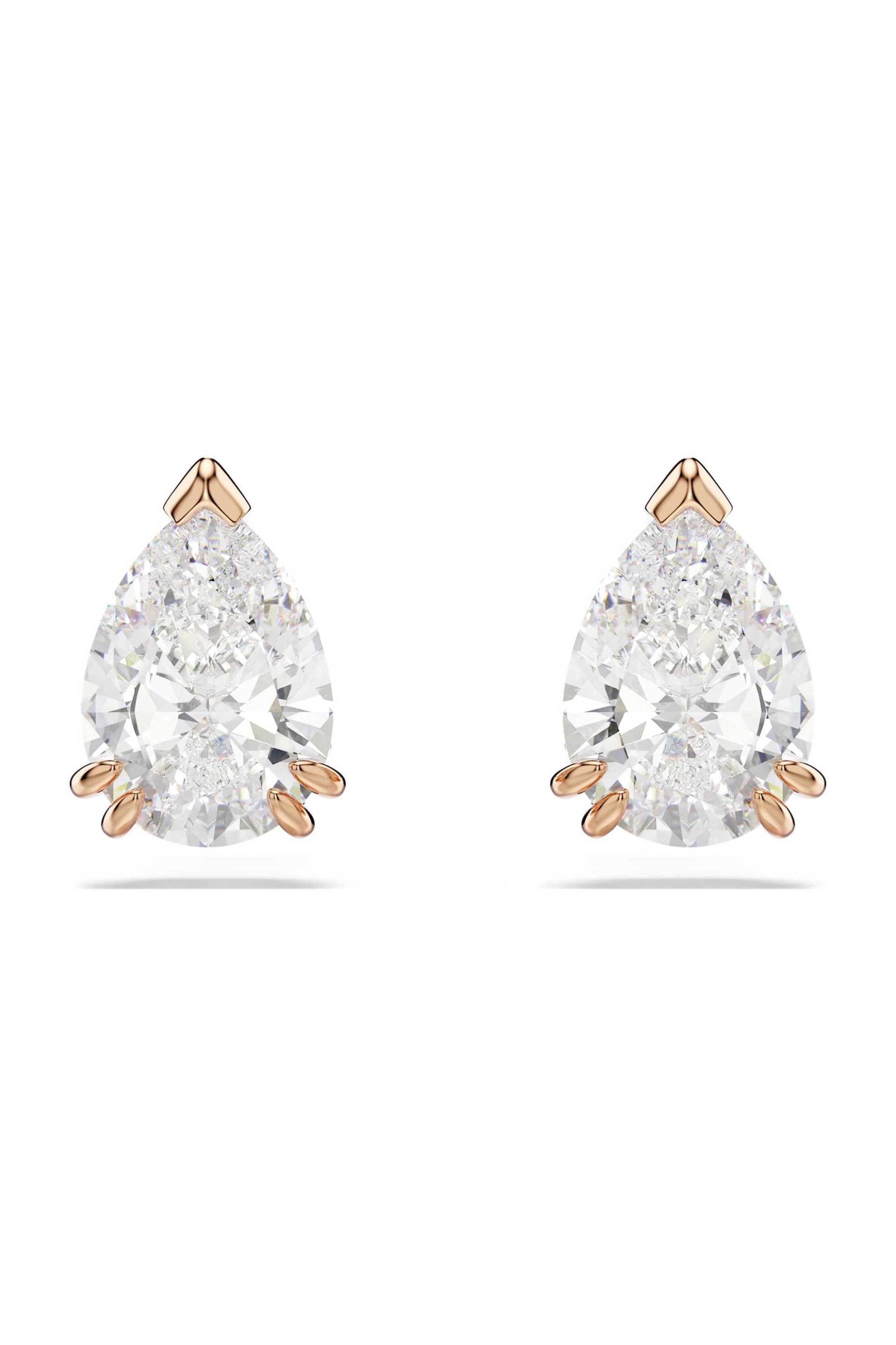 Swarovski γυναικεία σκουλαρίκια με καραφάκι κοπή pear, λευκά, επιμετάλλωση σε ροζ χρυσαφί τόνο "Stilla"