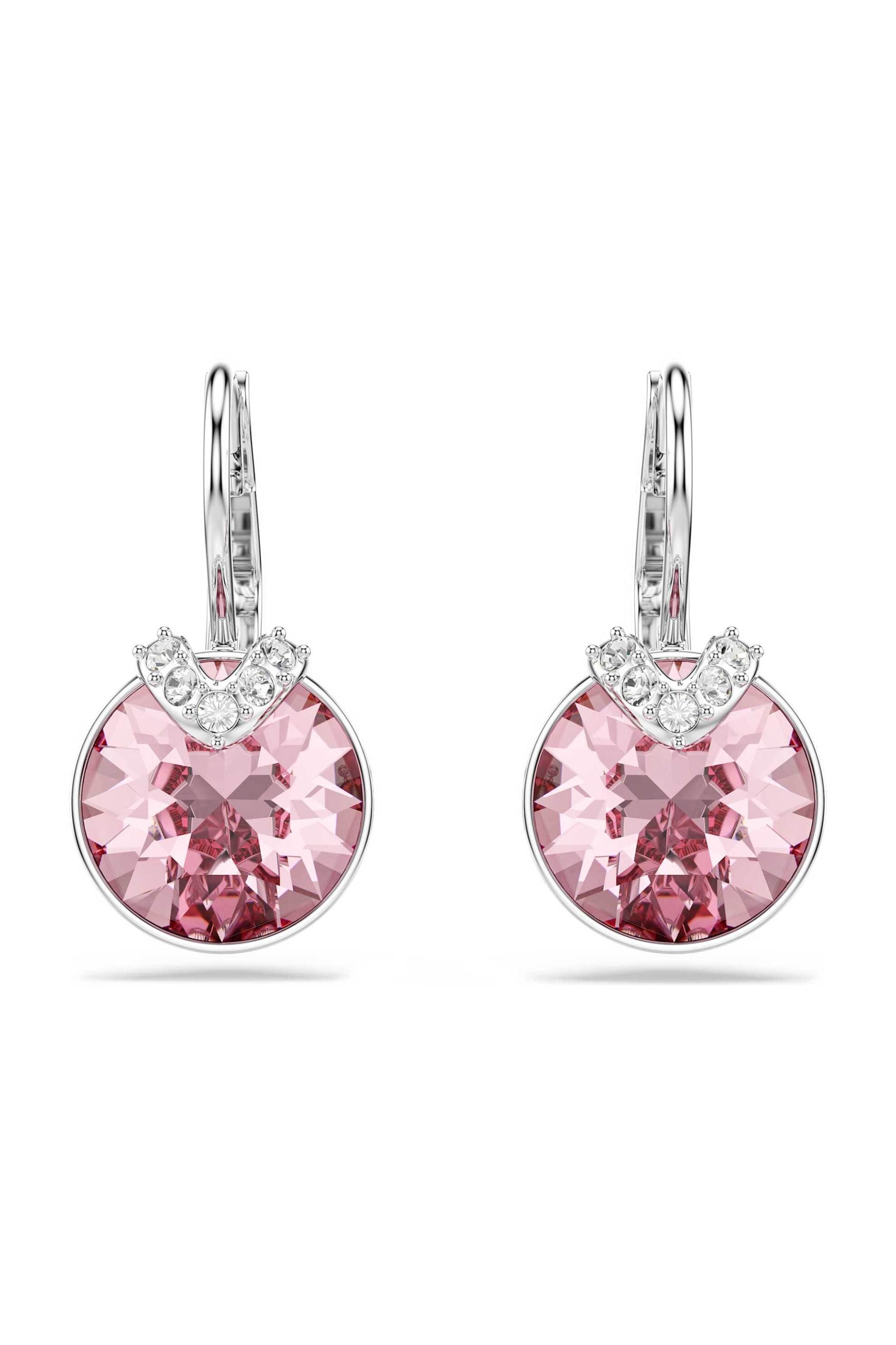 Swarovski γυναικεία σκουλαρίκια-σταγόνα στρογγυλή κοπή, ροζ, επιμετάλλωση ροδίου "Bella V"