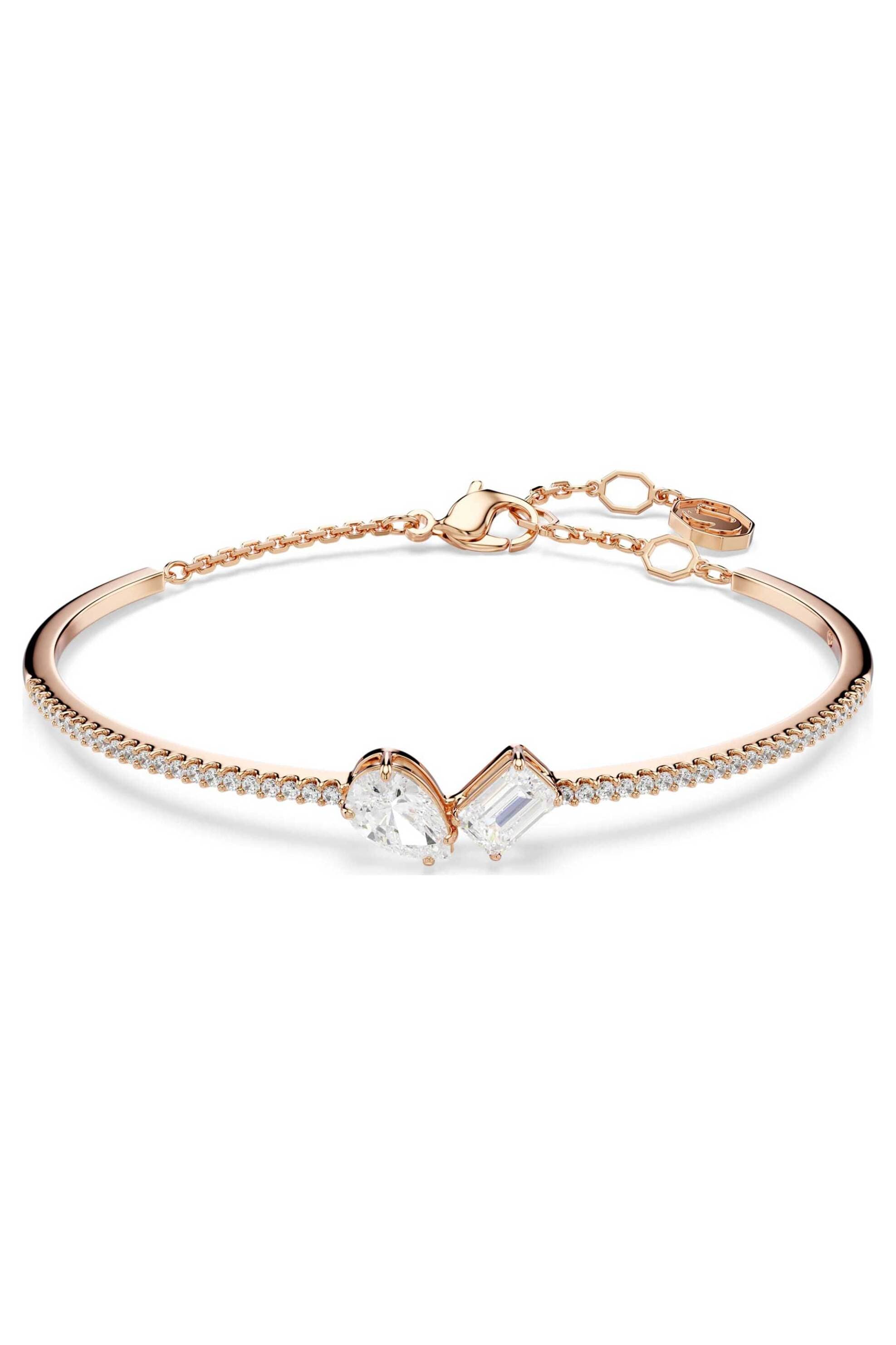 Swarovski γυναικείο άκαμπτο βραχιόλι μίξη κοπών, λευκό, επιμετάλλωση σε ροζ χρυσαφί τόνο "Mesmera"