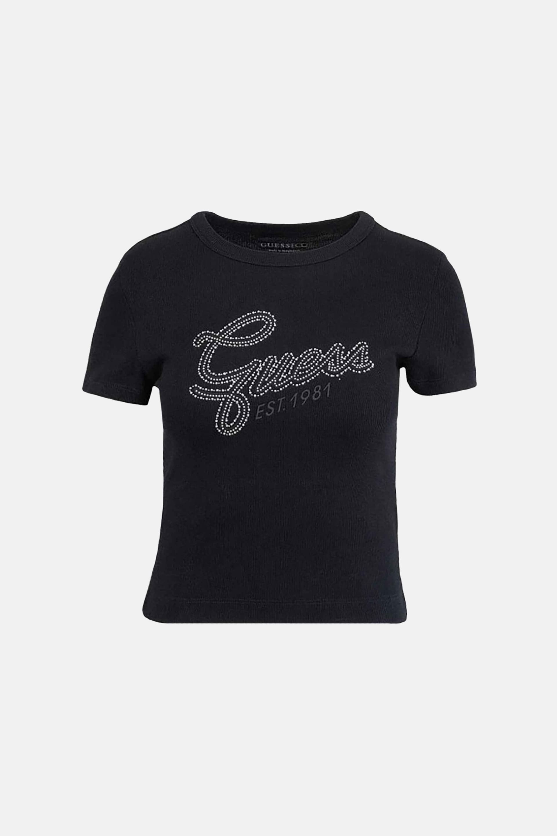 Guess γυναικείο T-shirt με ανάγλυφο logo print και στρας Slim Fit