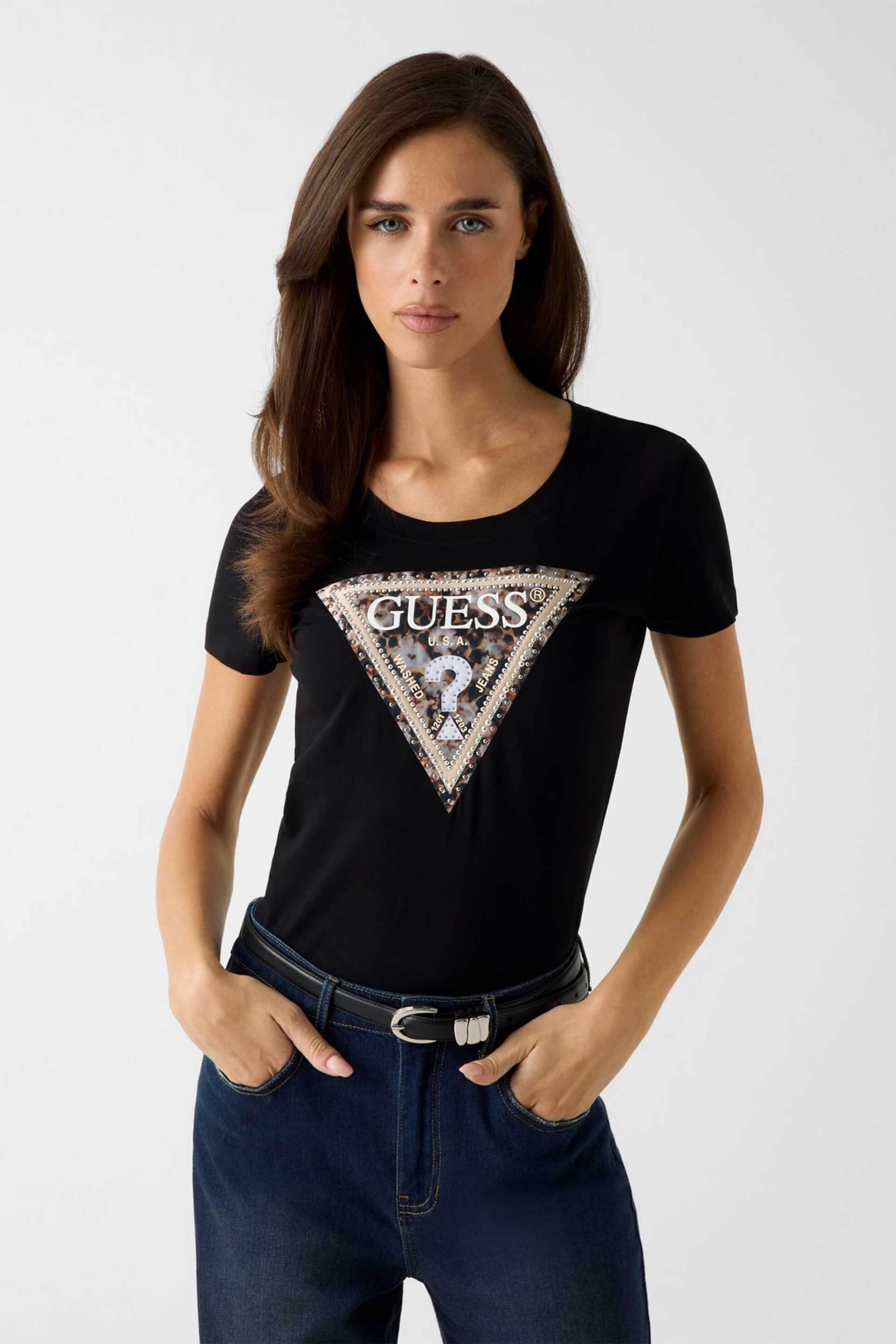 Guess γυναικείο T-shirt με ανάγλυφο λογότυπο με στρας Slim Fit