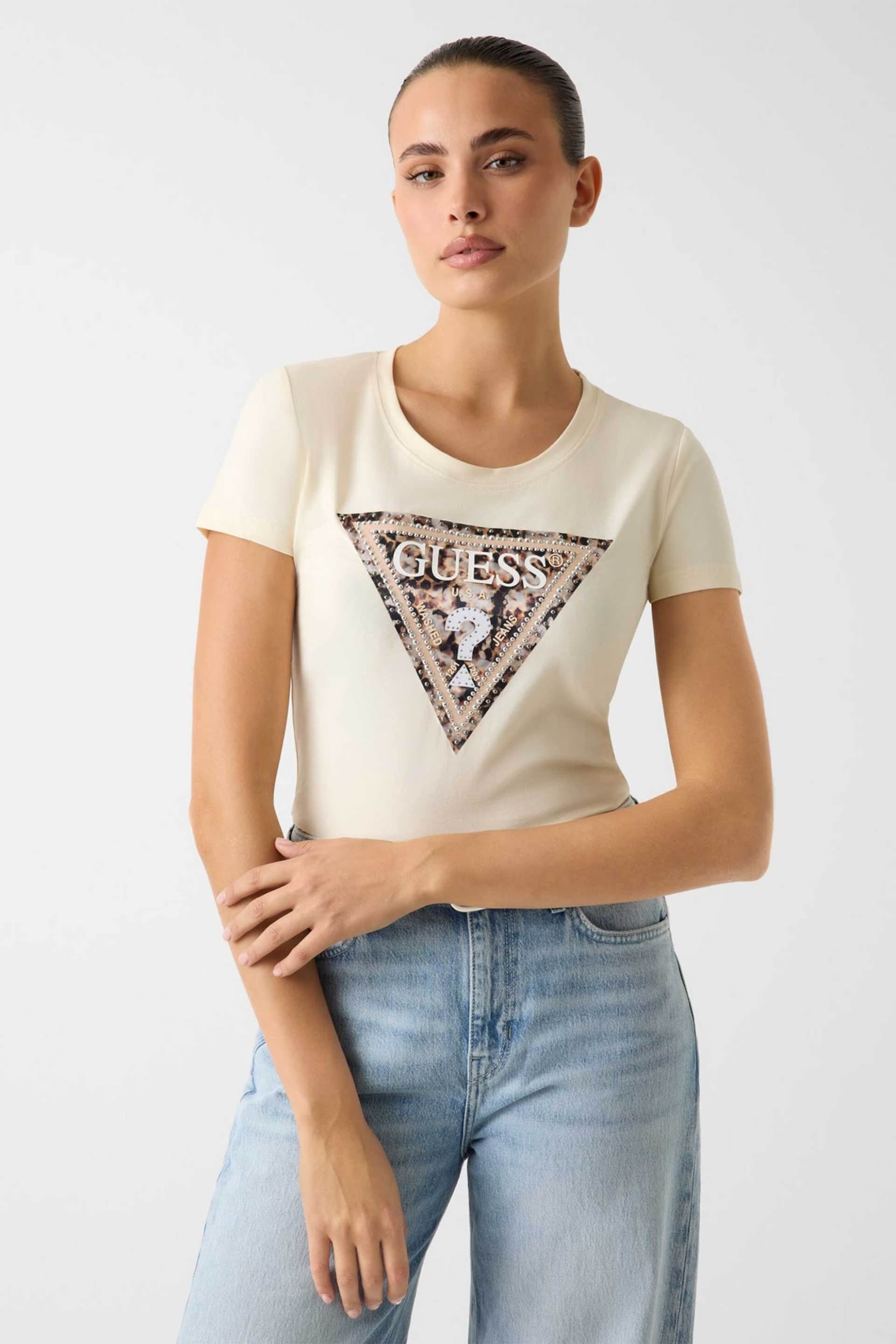 Guess γυναικείο T-shirt με ανάγλυφο λογότυπο με στρας Slim Fit