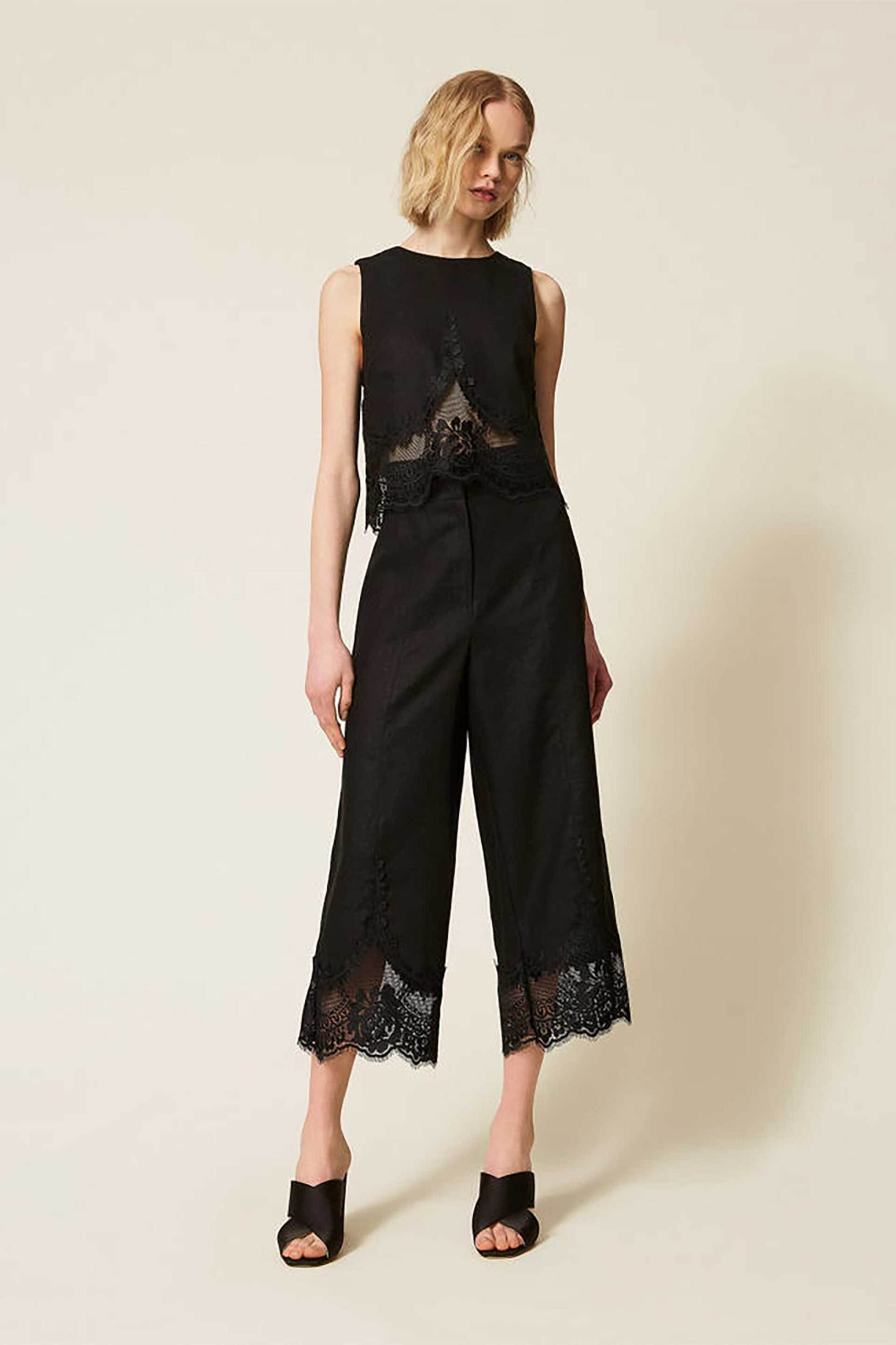 Twinset γυναικείο παντελόνι λινό με δαντέλα