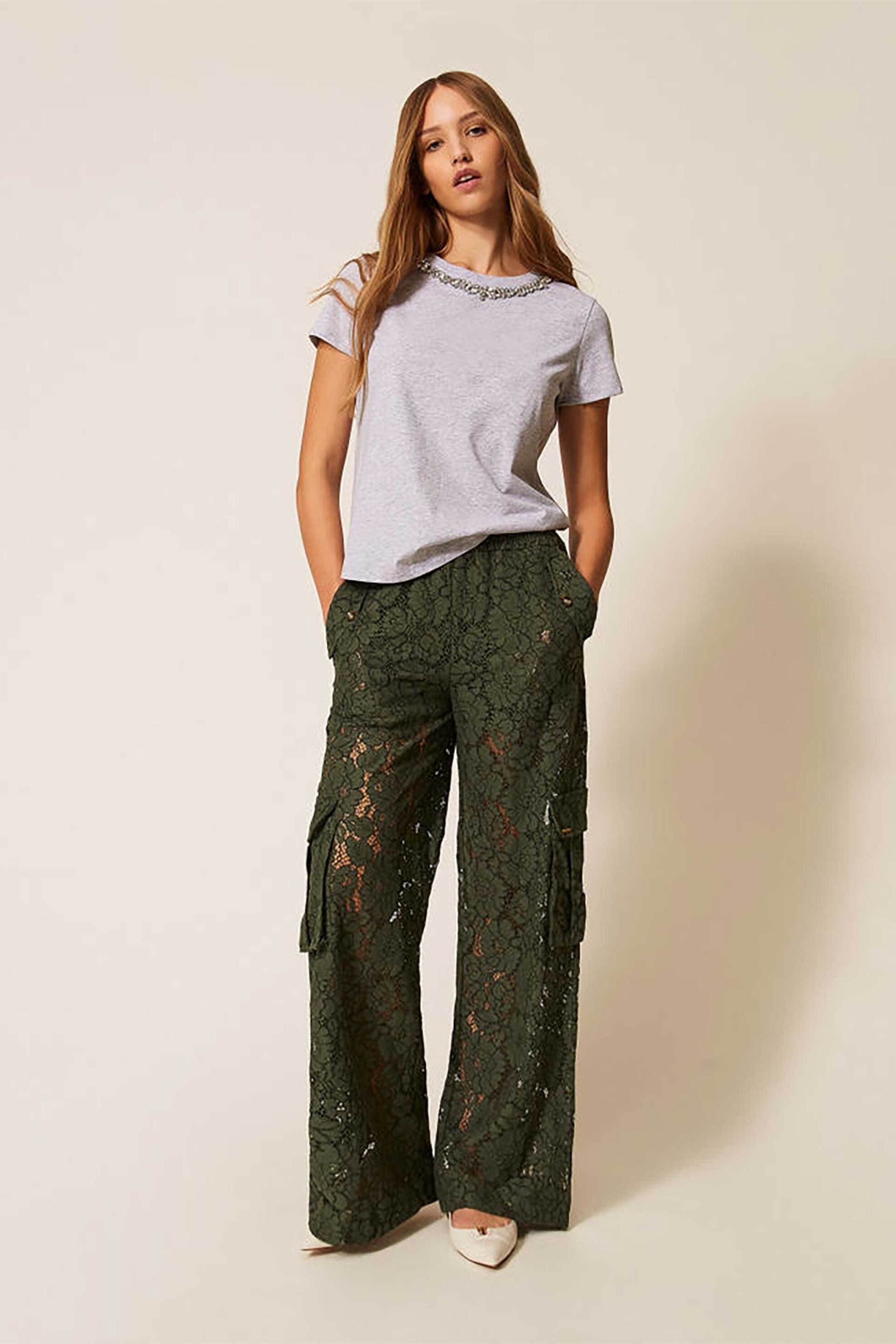 Twinset γυναικείο παντελόνι cargo δαντέλα