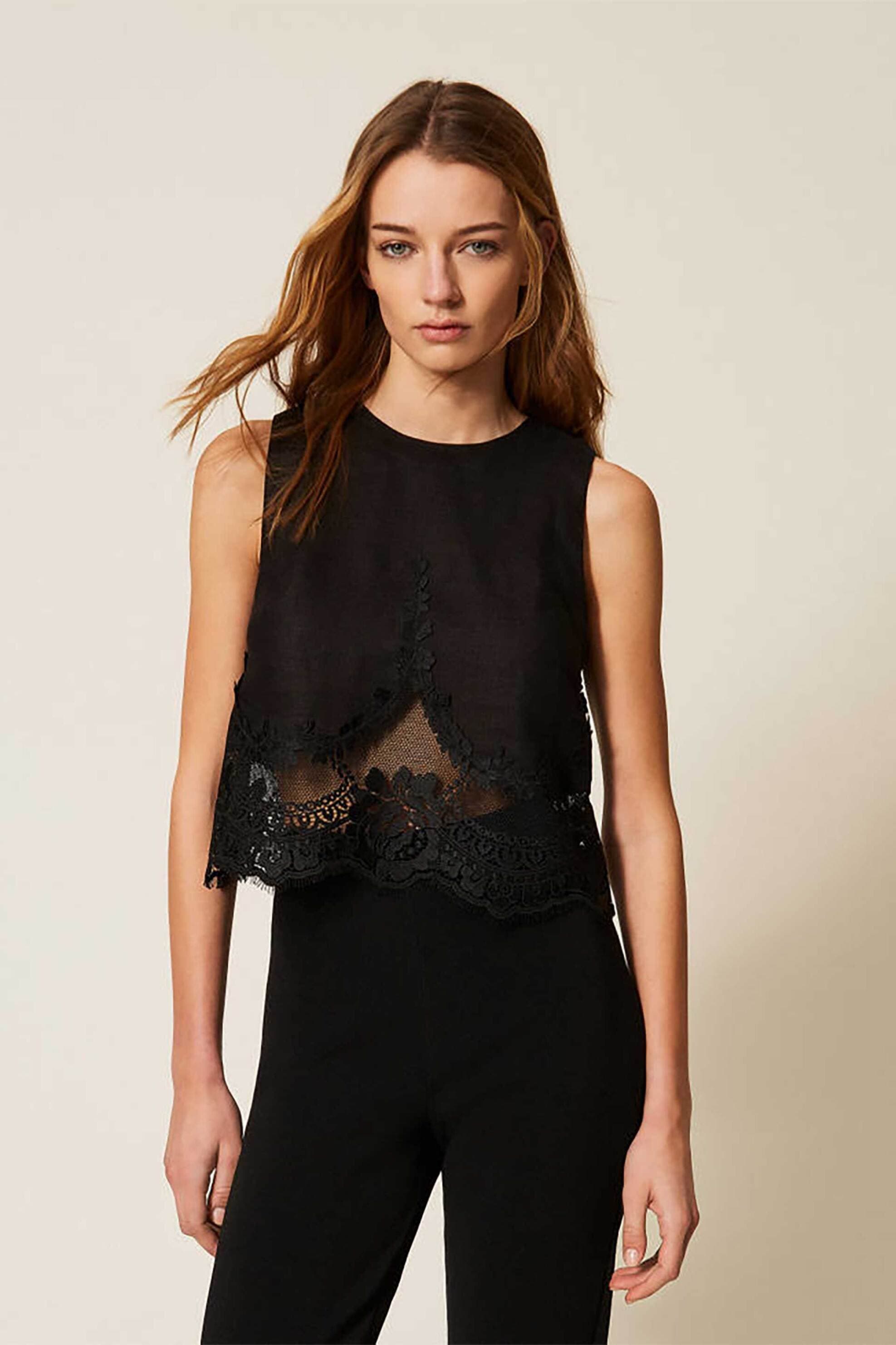 Twinset γυναικείο τοπ αμάνικο με δαντέλα