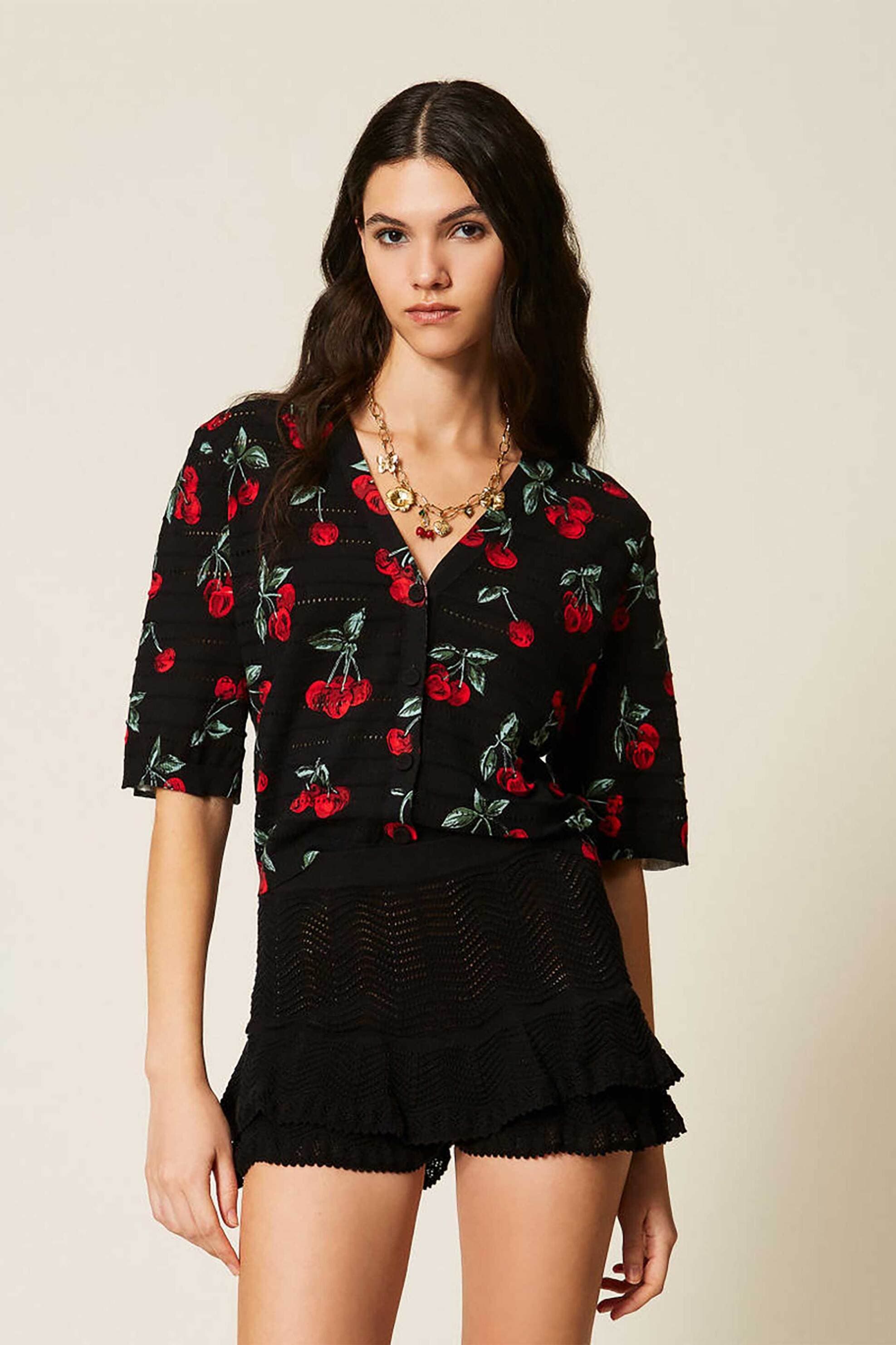 Twinset γυναικεία πλεκτή ζακέτα με cherry print
