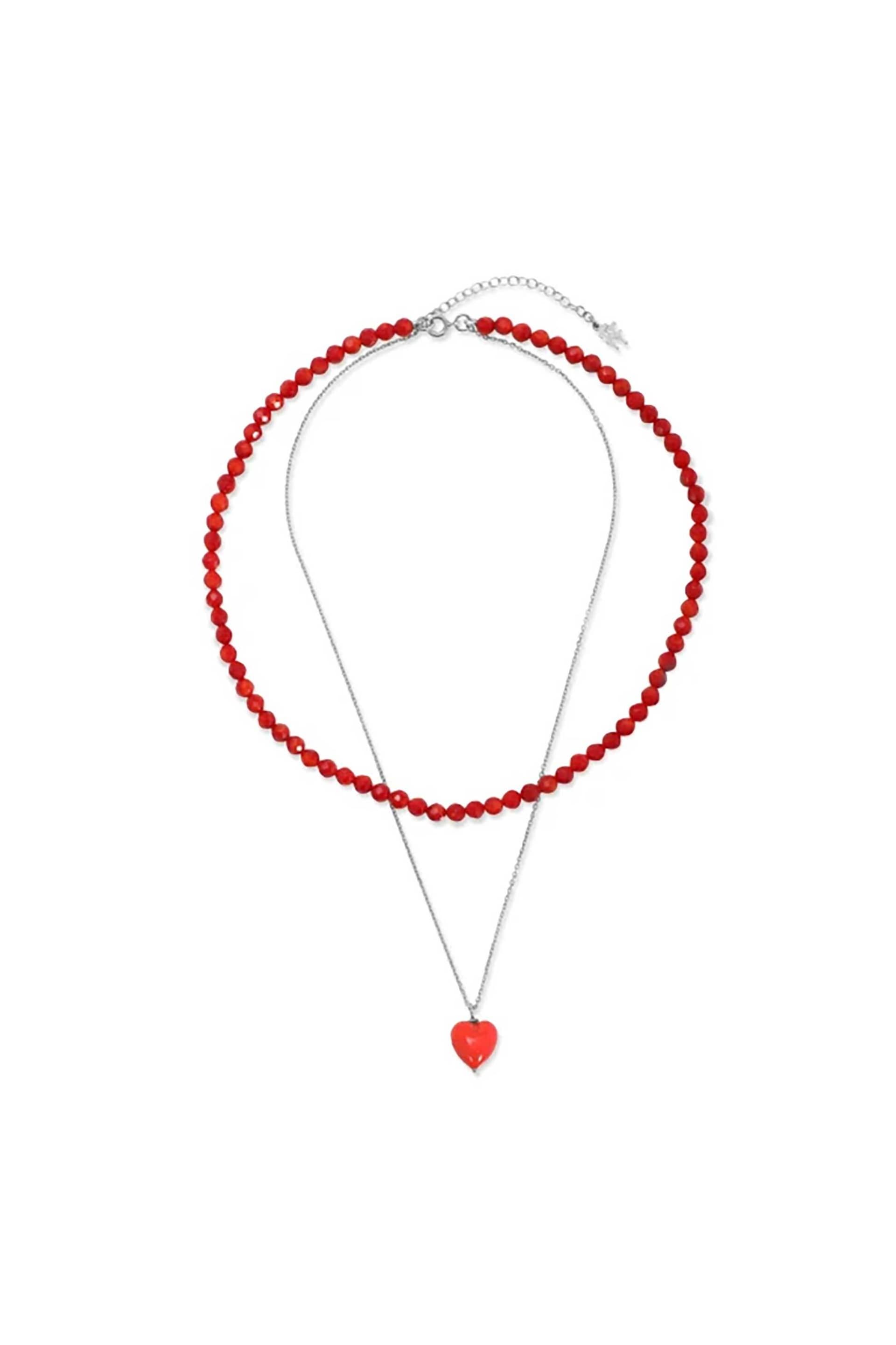 Folli Follie γυναικείο ασημένιο διπλό κολιέ με κόκκινες πέτρες και κρεμαστή καρδιά "Valentine 2026"