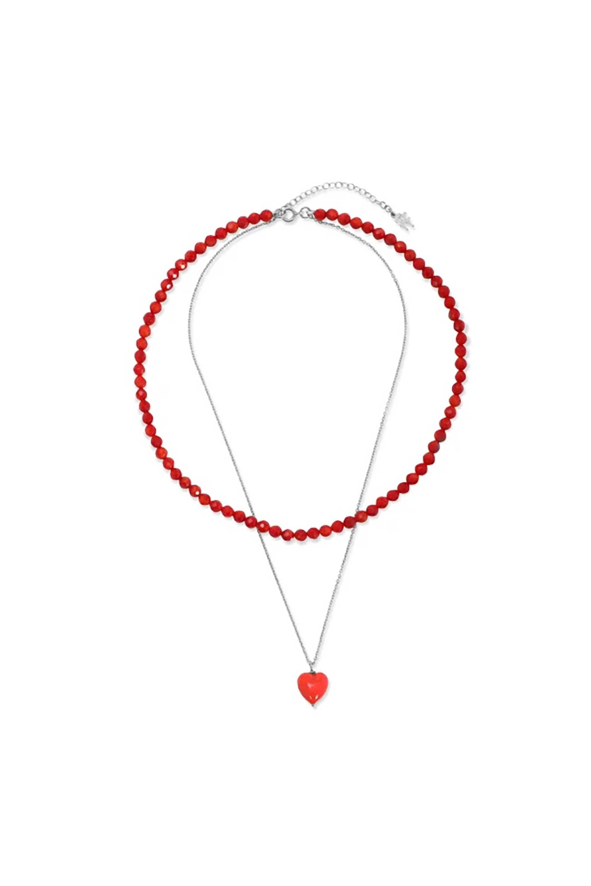 Folli Follie γυναικείο ασημένιο διπλό κολιέ με κόκκινες πέτρες και κρεμαστή καρδιά "Valentine 2026"