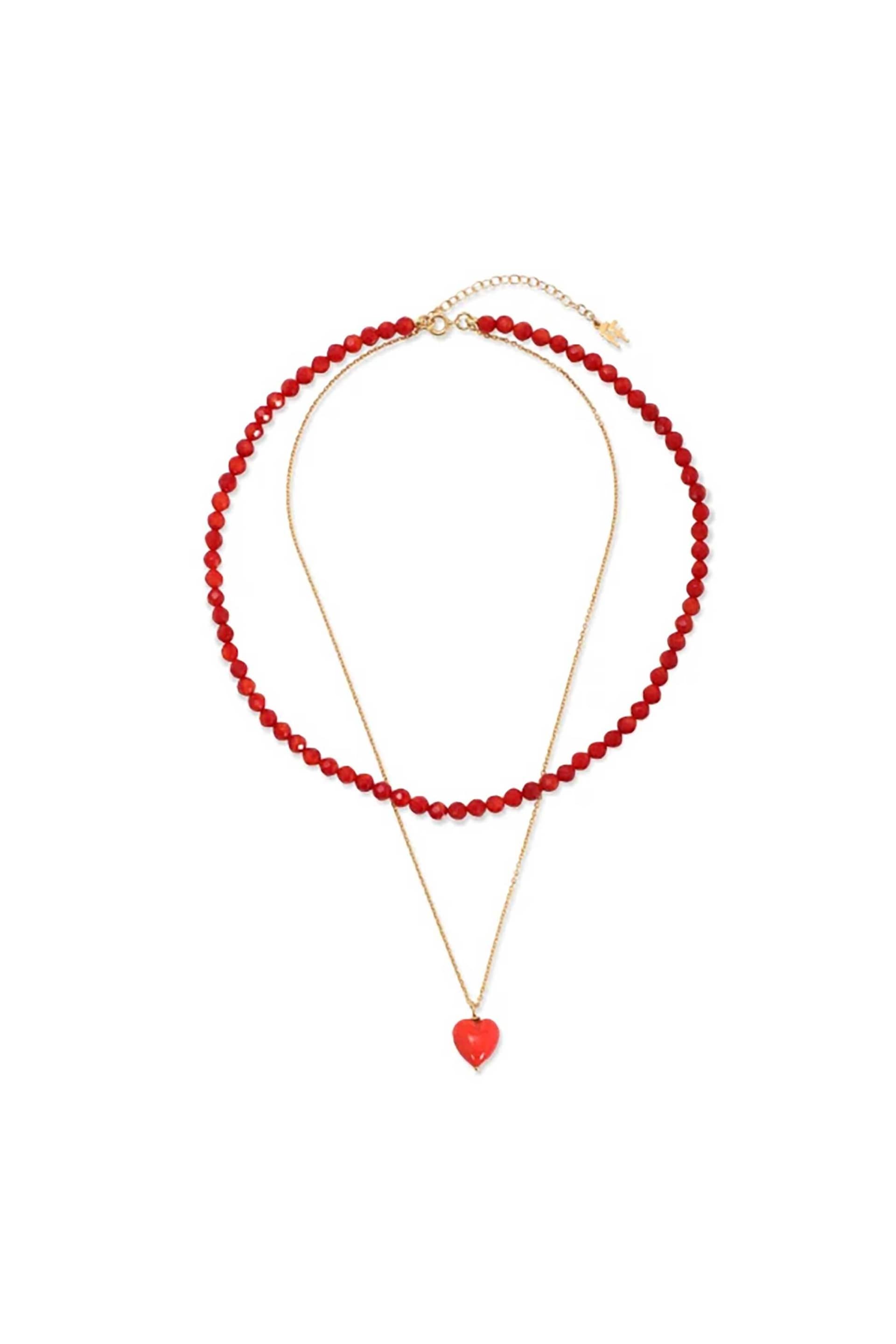 Folli Follie γυναικείο επίχρυσο διπλό κολιέ με κόκκινες πέτρες και κρεμαστή καρδιά "Valentine 2026"