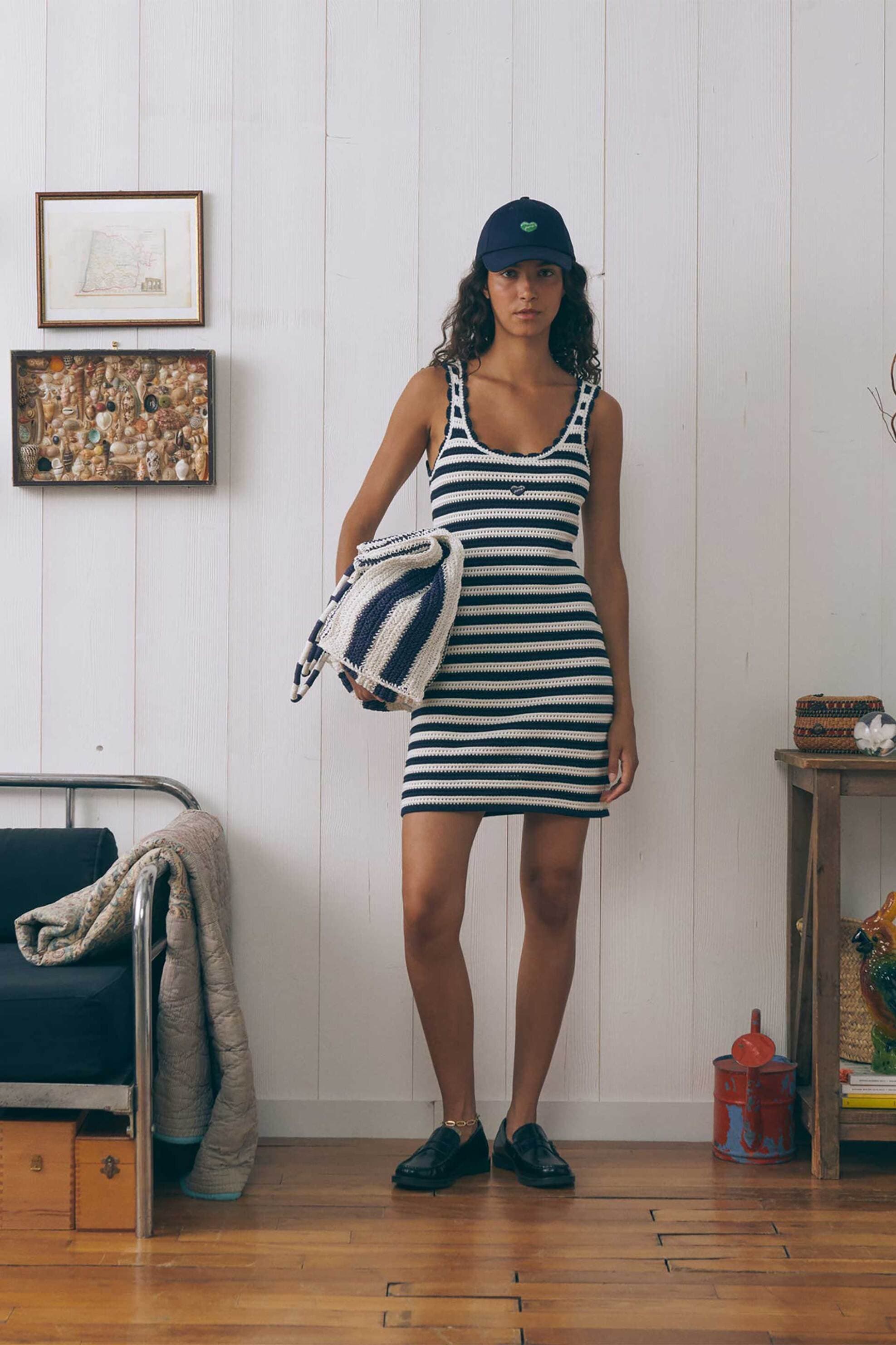 Maison Labiche γυναικείο mini πλεκτό αμάνικο φόρεμα με ριγέ σχέδιο "Patch Coeur"