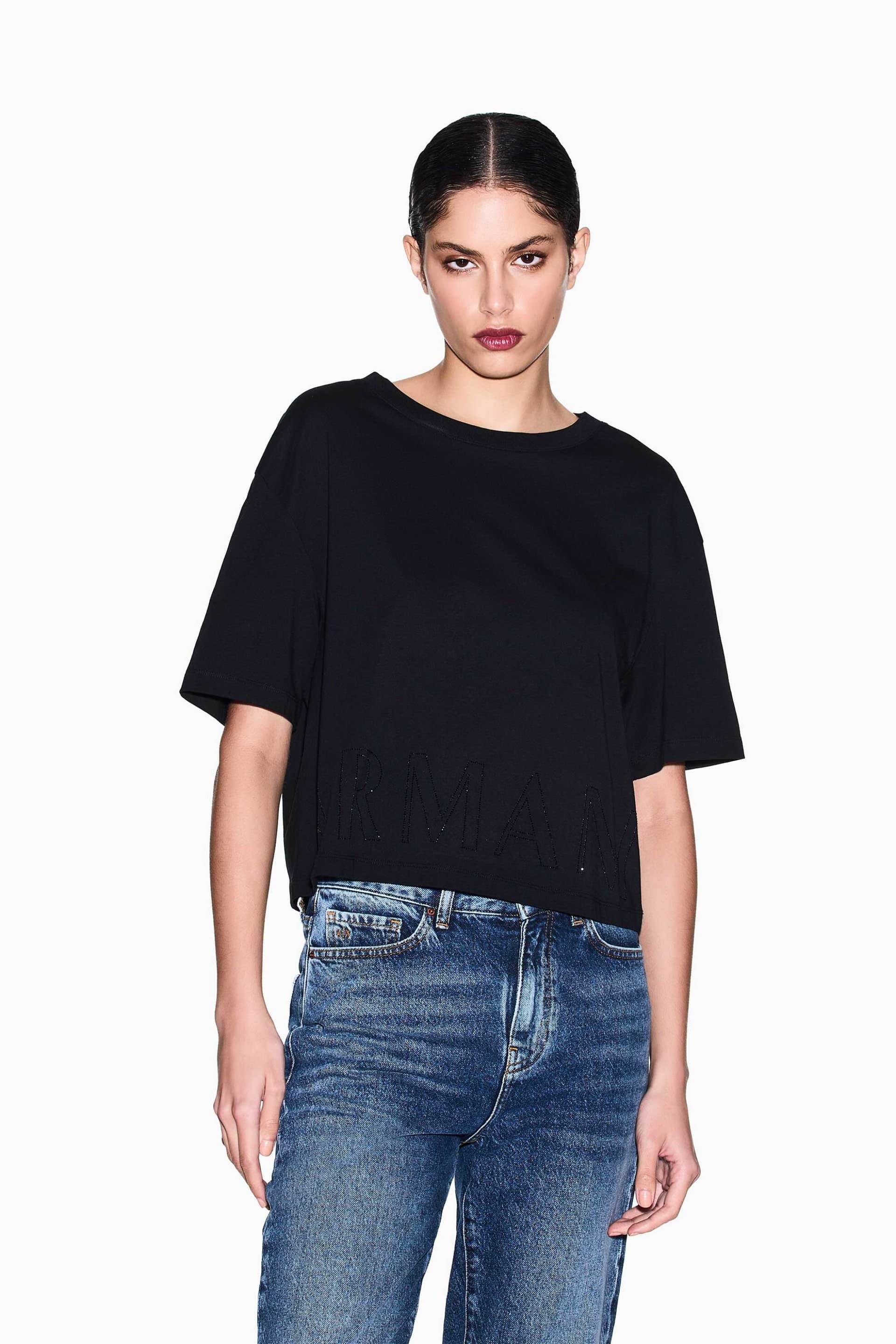 Armani Exchange γυναικείο cropped T-shirt με λογότυπο από στρας Regular Fit
