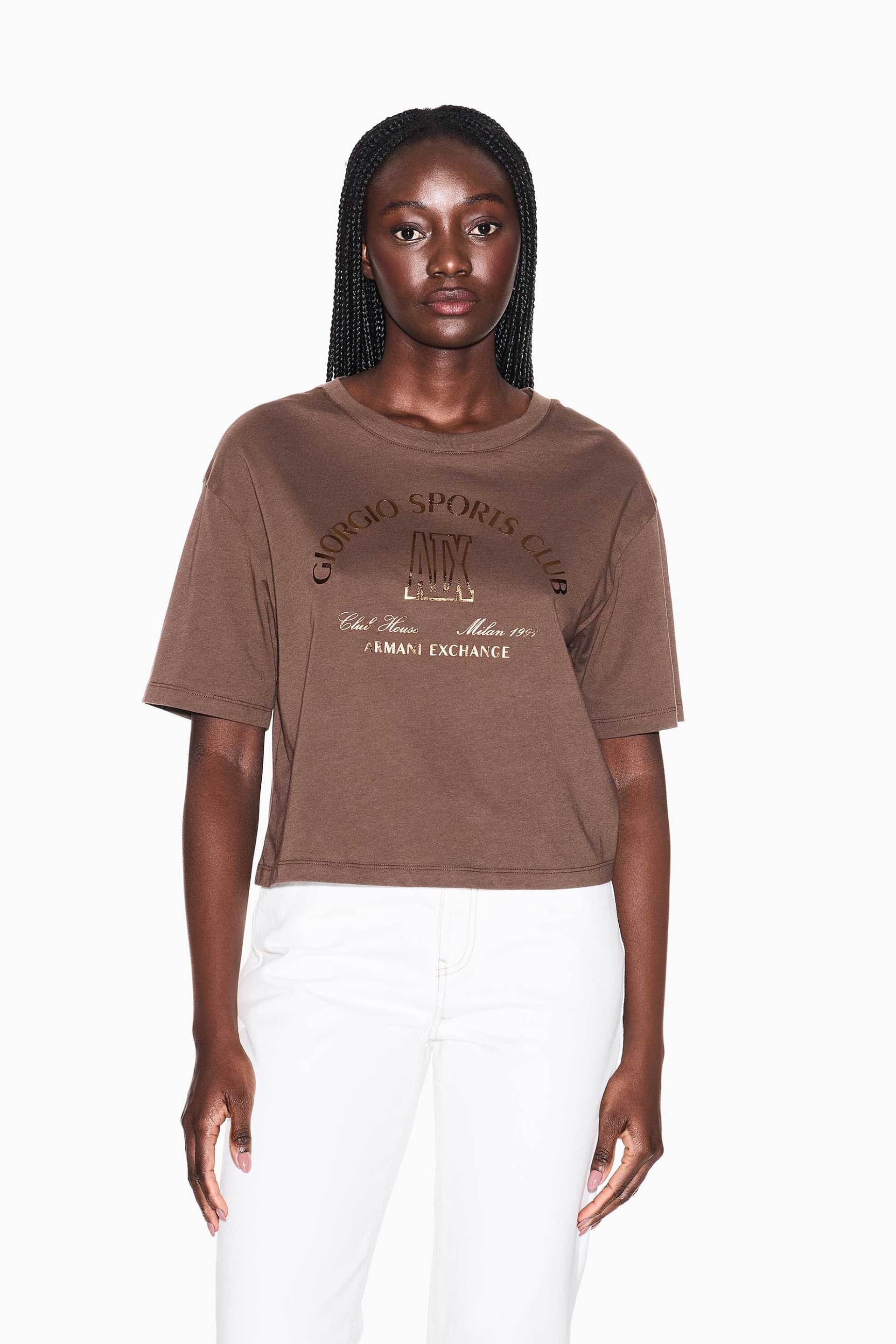 Armani Exchange γυναικείο cropped T-shirt με μεταλλιζέ lettering Regular Fit