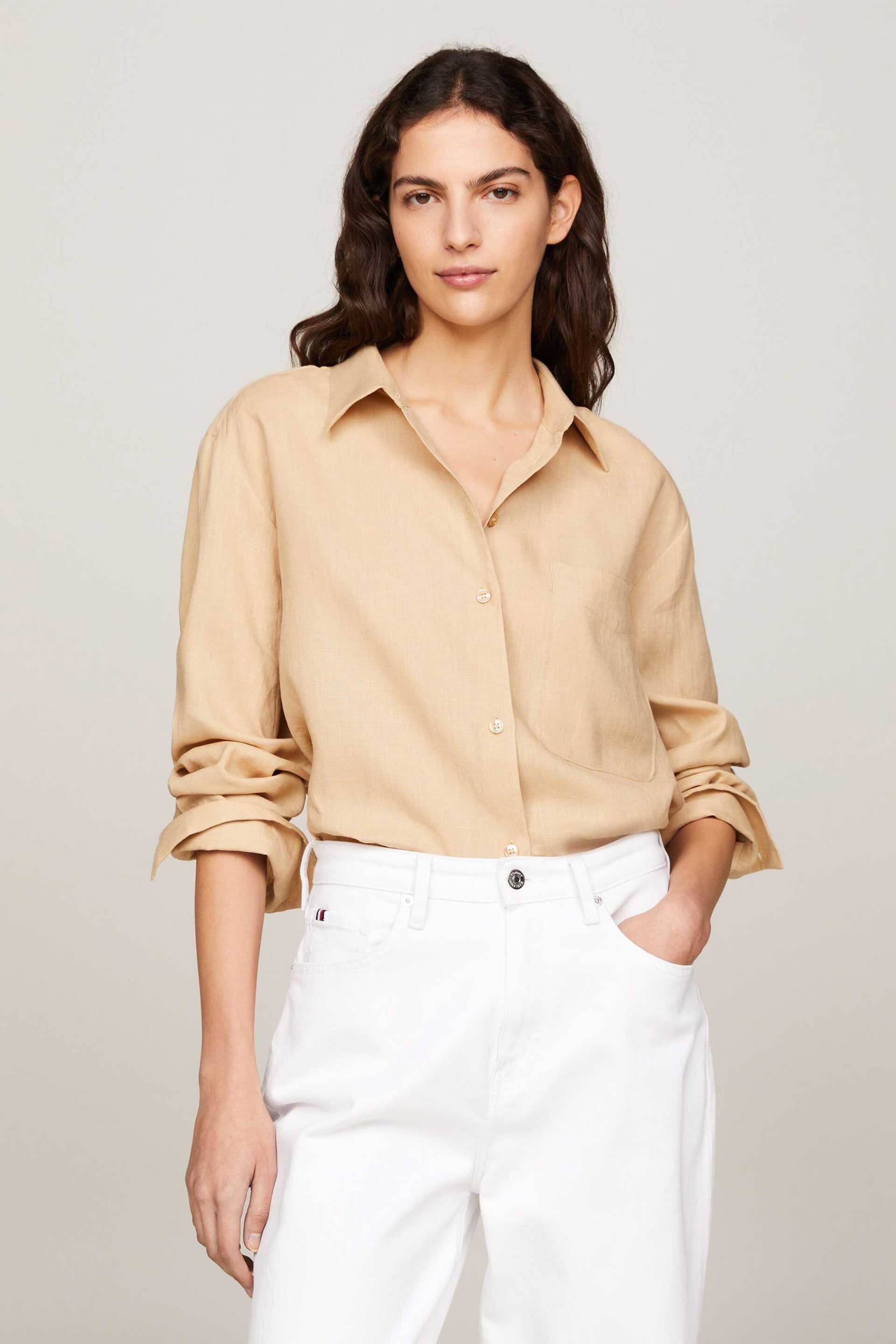 Tommy Hilfiger γυναικείο πουκάμισο λινό μονόχρωμο με κεντημένη λεπτομέρεια | 38