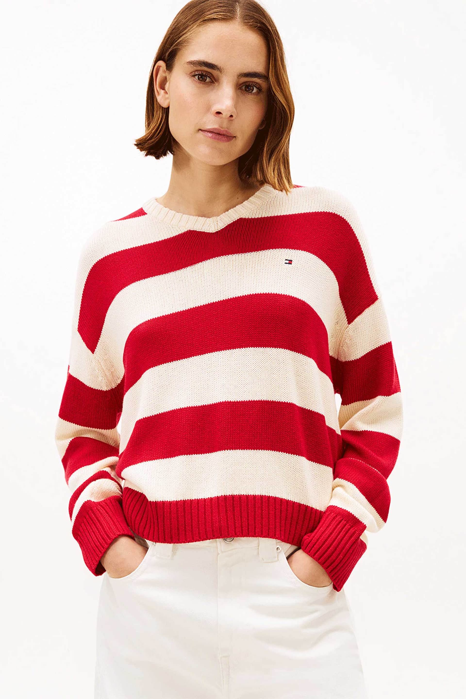 Tommy Hilfiger γυναικείο πουλόβερ με κασμίρι και ριγέ σχέδιο με κεντημένο logo flag Relaxed Fit