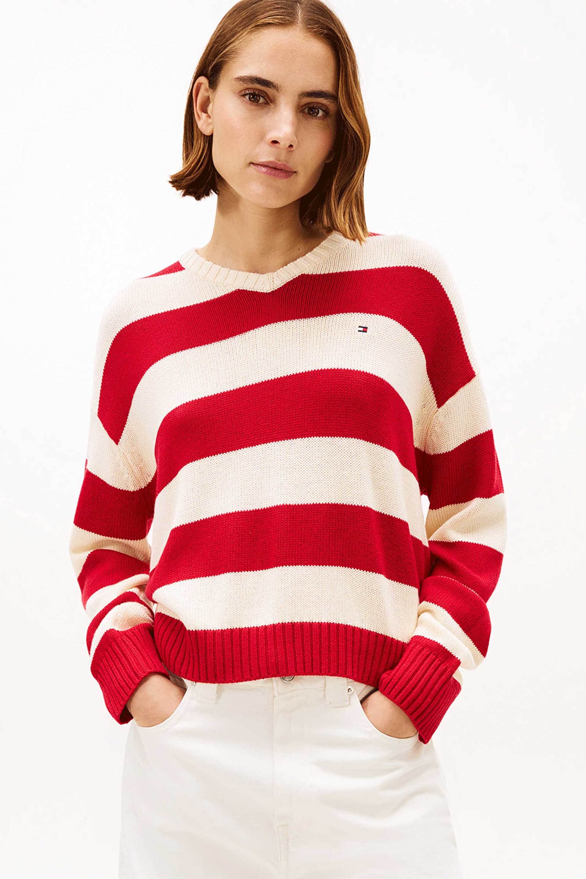 Tommy Hilfiger γυναικείο πουλόβερ με κασμίρι και ριγέ σχέδιο με κεντημένο logo flag Relaxed Fit