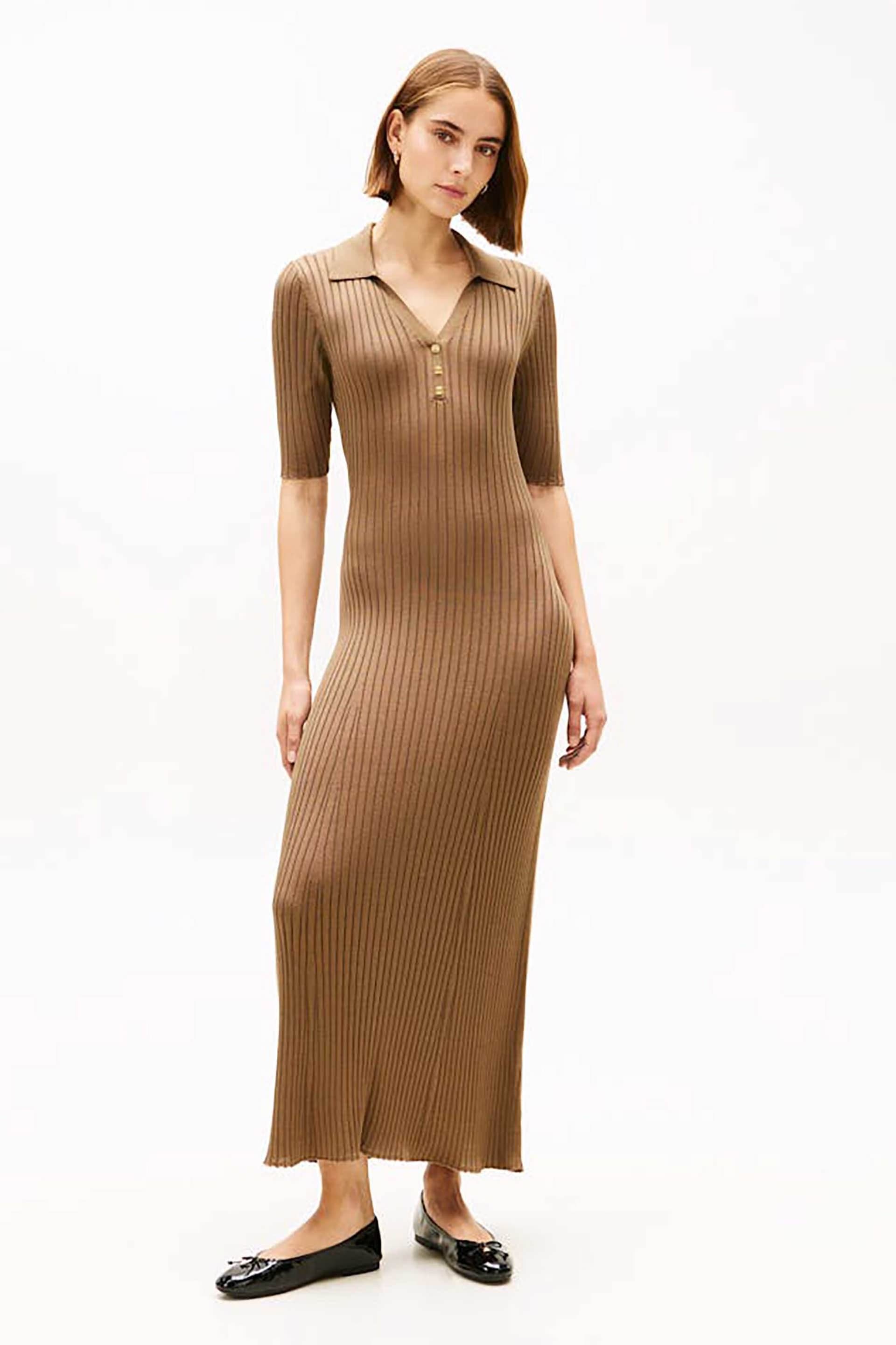 Tommy Hilfiger γυναικείο maxi φόρεμα πόλο ribbed με V Fit & Flared