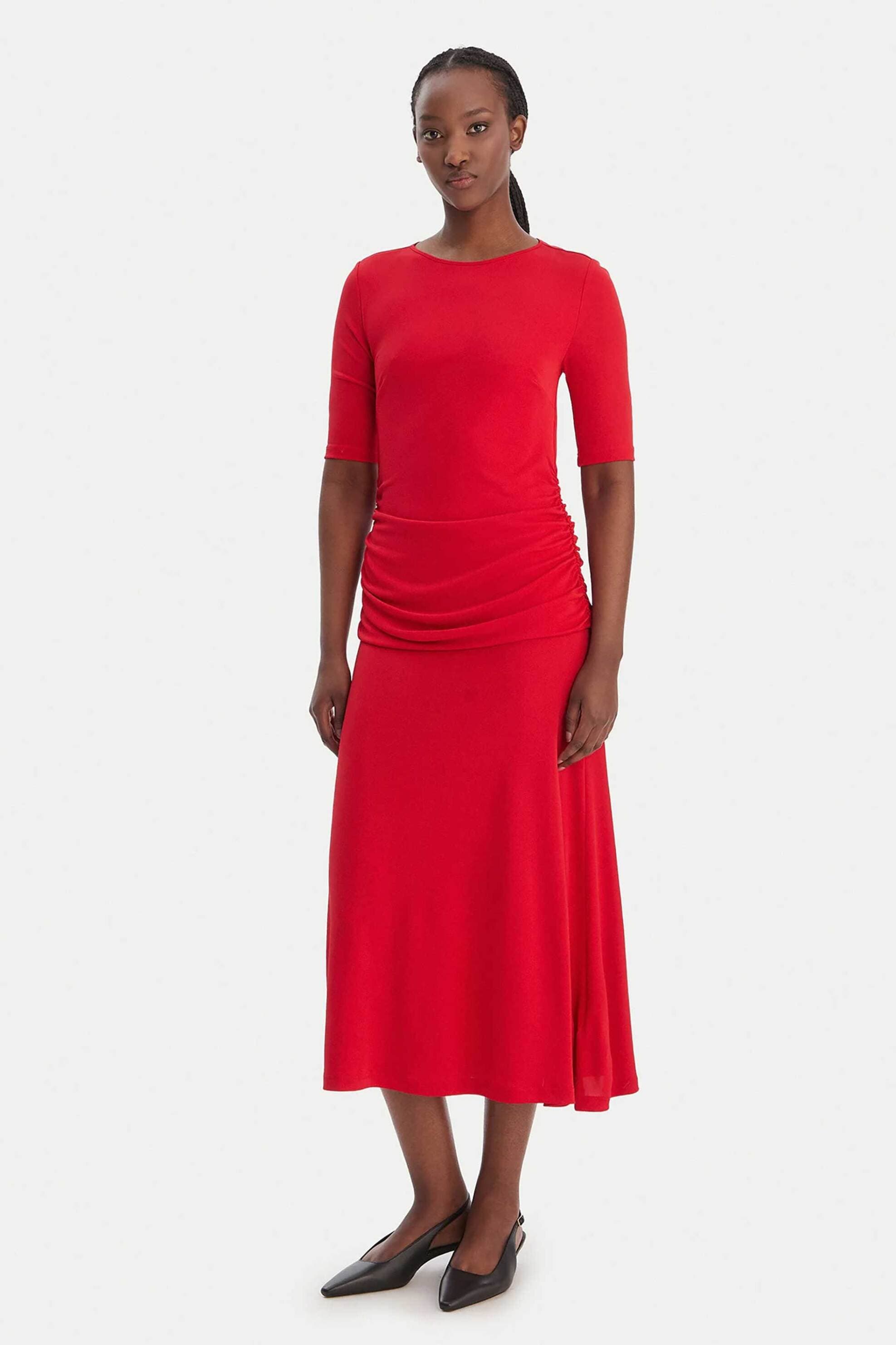 Tommy Hilfiger γυναικείο midi φόρεμα με σούρες στη μέση και μανίκι 3/4 Slim Fit