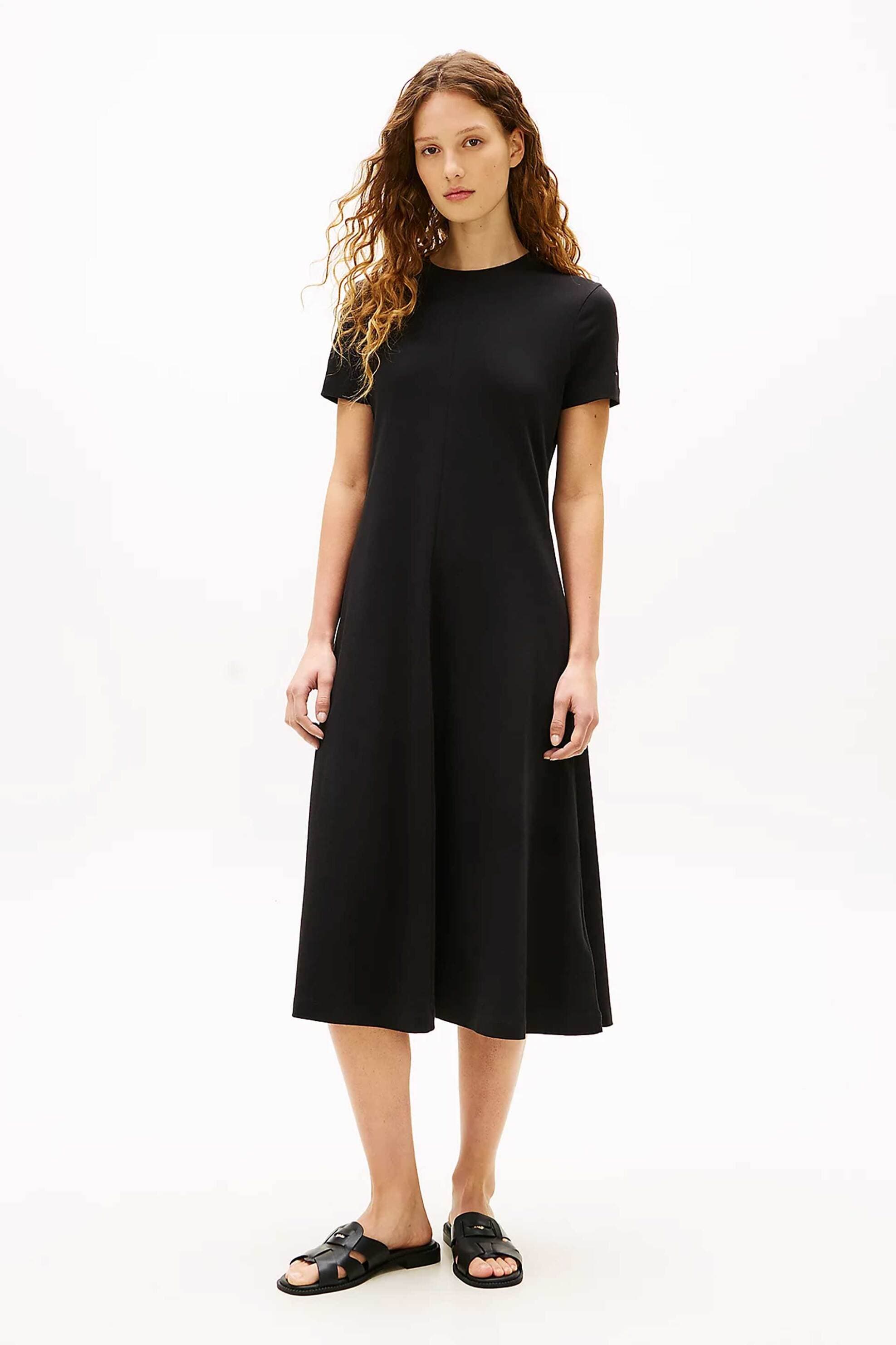 Tommy Hilfiger γυναικείο midi φόρεμα μονόχρωμο με κεντημένο λογότυπο στο μανίκι Fit & Flare